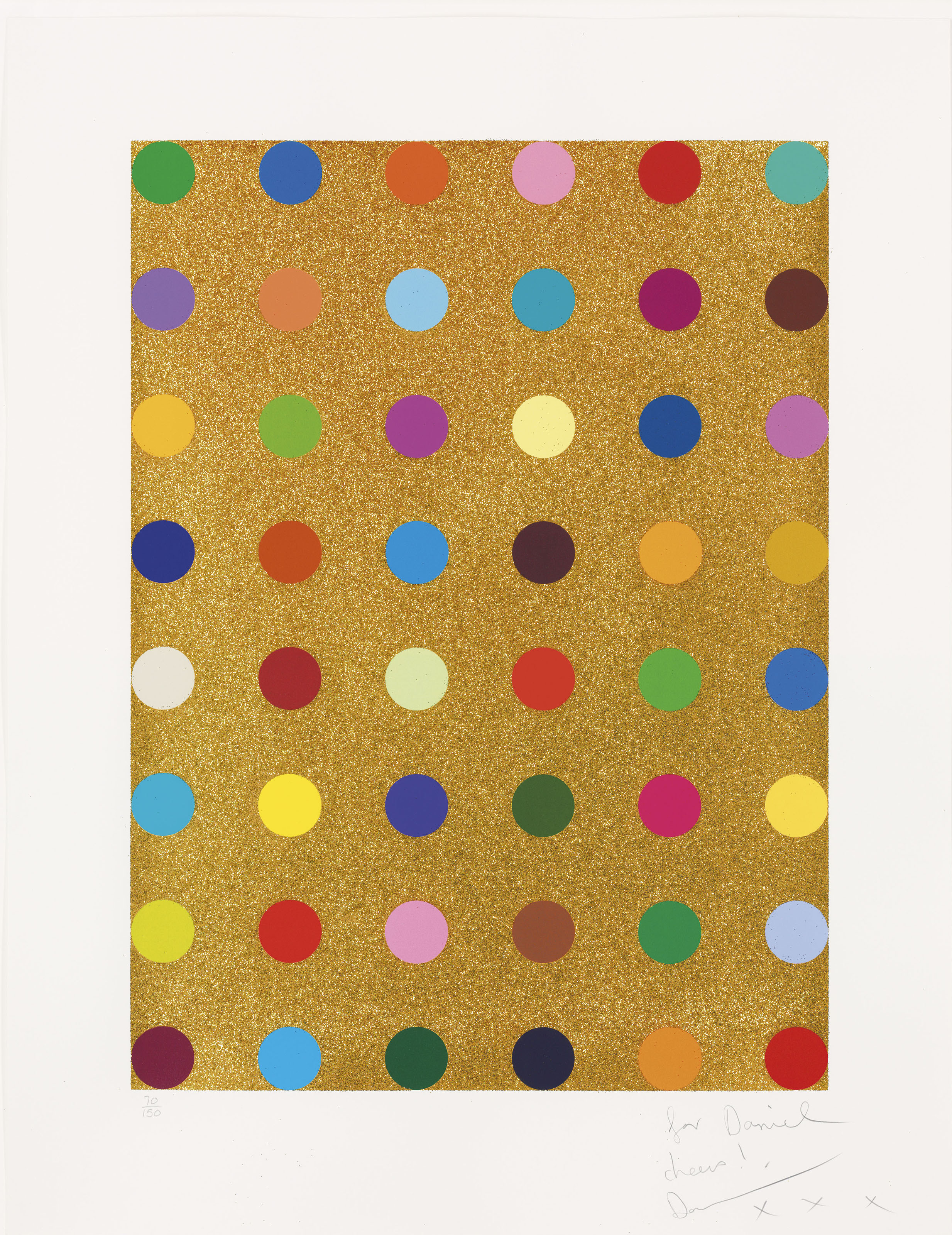 Damien Hirst (b. 1965), Aurous lodide, 2009. Screenprint in colours with gold glitter. Image 760 x 560  mm, sheet 978 x 758  mm. This lot was offered in Prints &amp; Multiples on 21 March 2019 at Christie&rsquo;s in London and sold for &pound;7,250