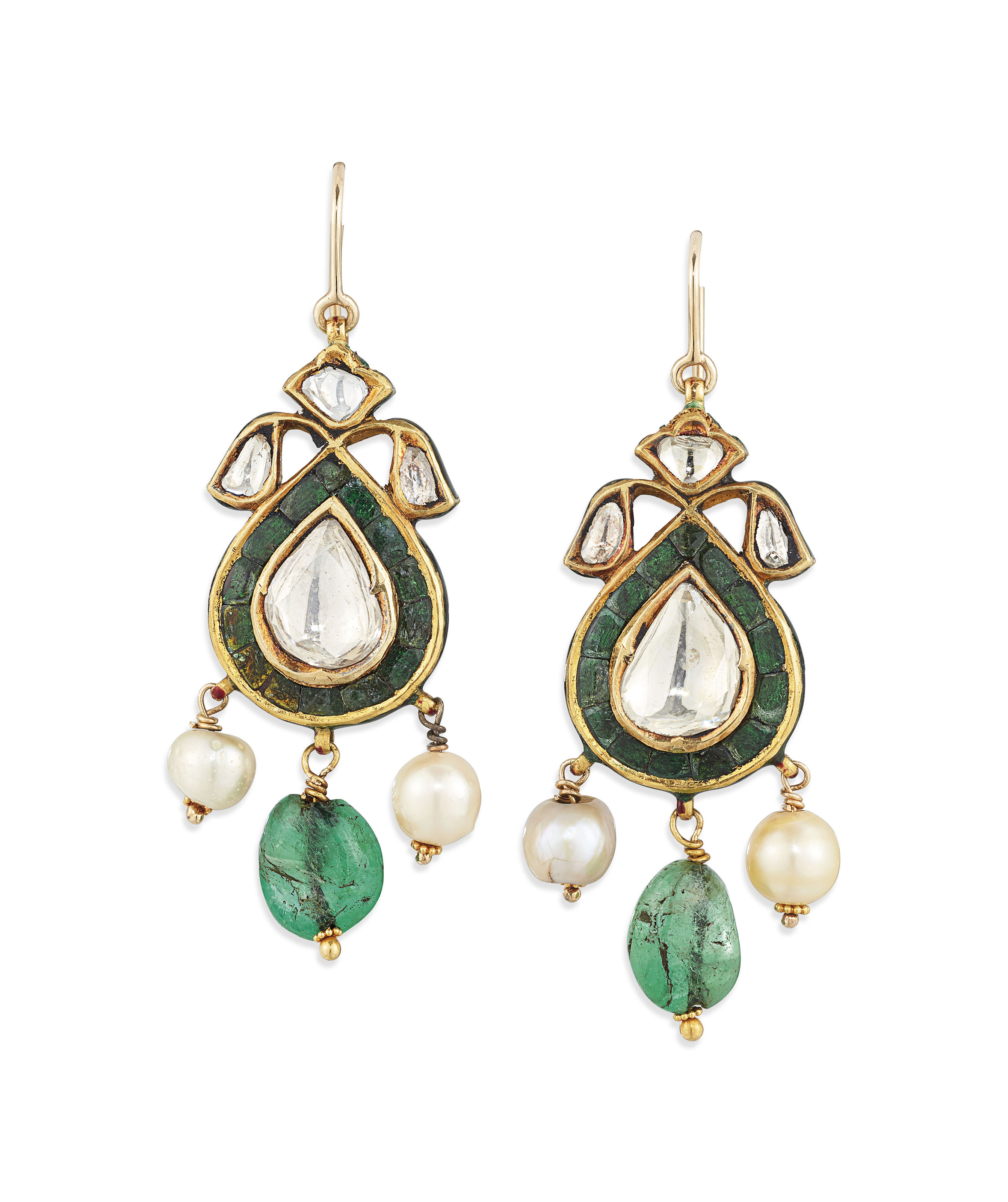 INDIAN EMERALD, PEARL AND DIAMOND EARRINGS Christie