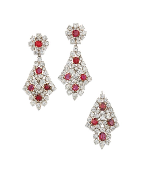 RUBY AND DIAMOND EARRING AND PENDANT SET