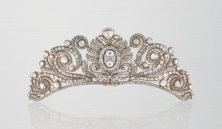 A rare late 18th- early 19th-century diamond tiara. Old and rose-cut diamonds, closed-set in silver and gold, velvet-covered tiara frame. 5.0 cm high. Sold for £162,500 on 12 June 2019 at Christie’s in London