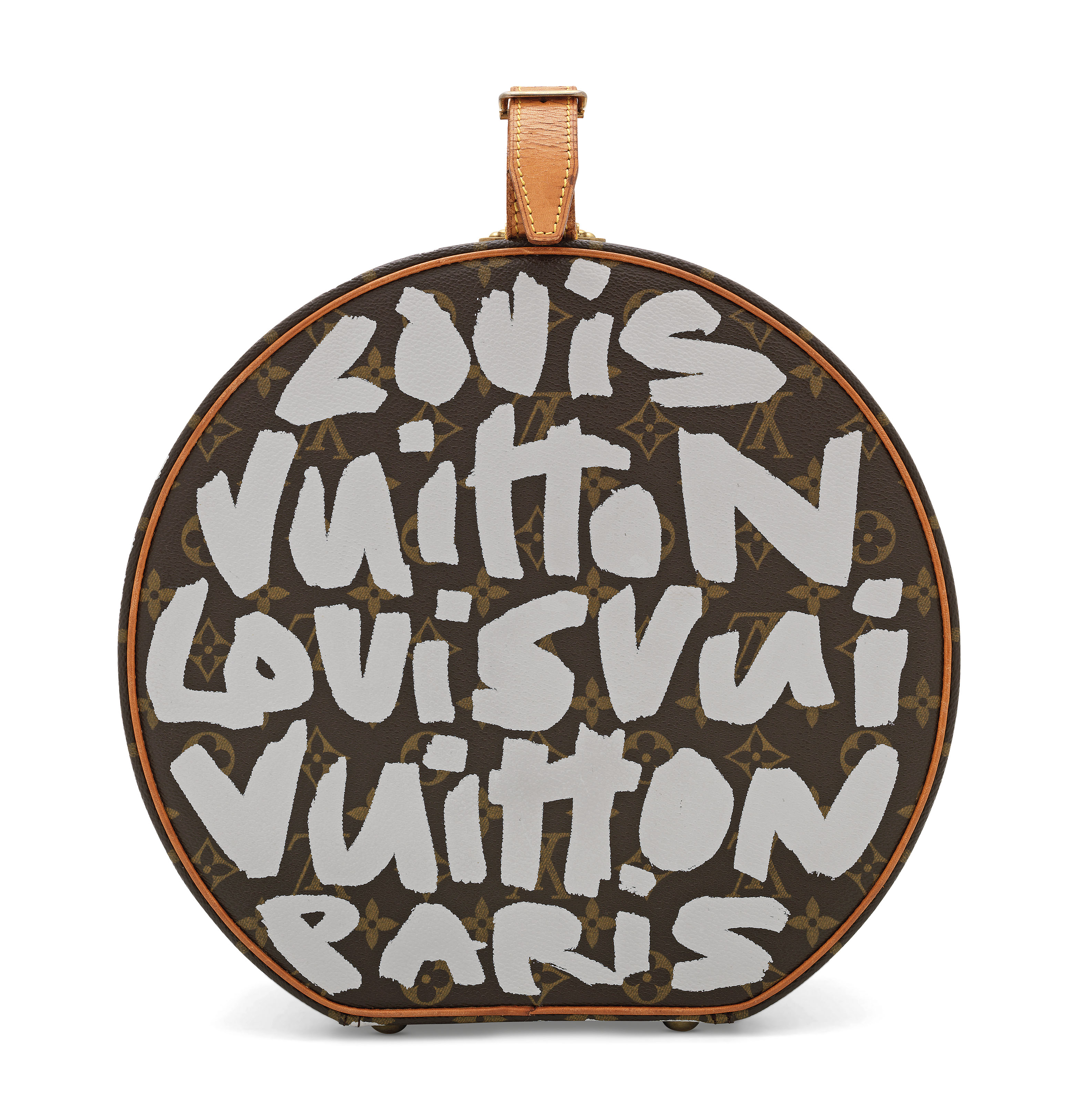 A rare, white monogram Graffiti Bo&icirc;te Chapeau hat box PM by Stephen Sprouse, Louis Vuitton, 2001. 30 w x 28 h x 16 d cm. Sold for &pound;8,125 on 11 June 2019 at Christie&rsquo;s in London