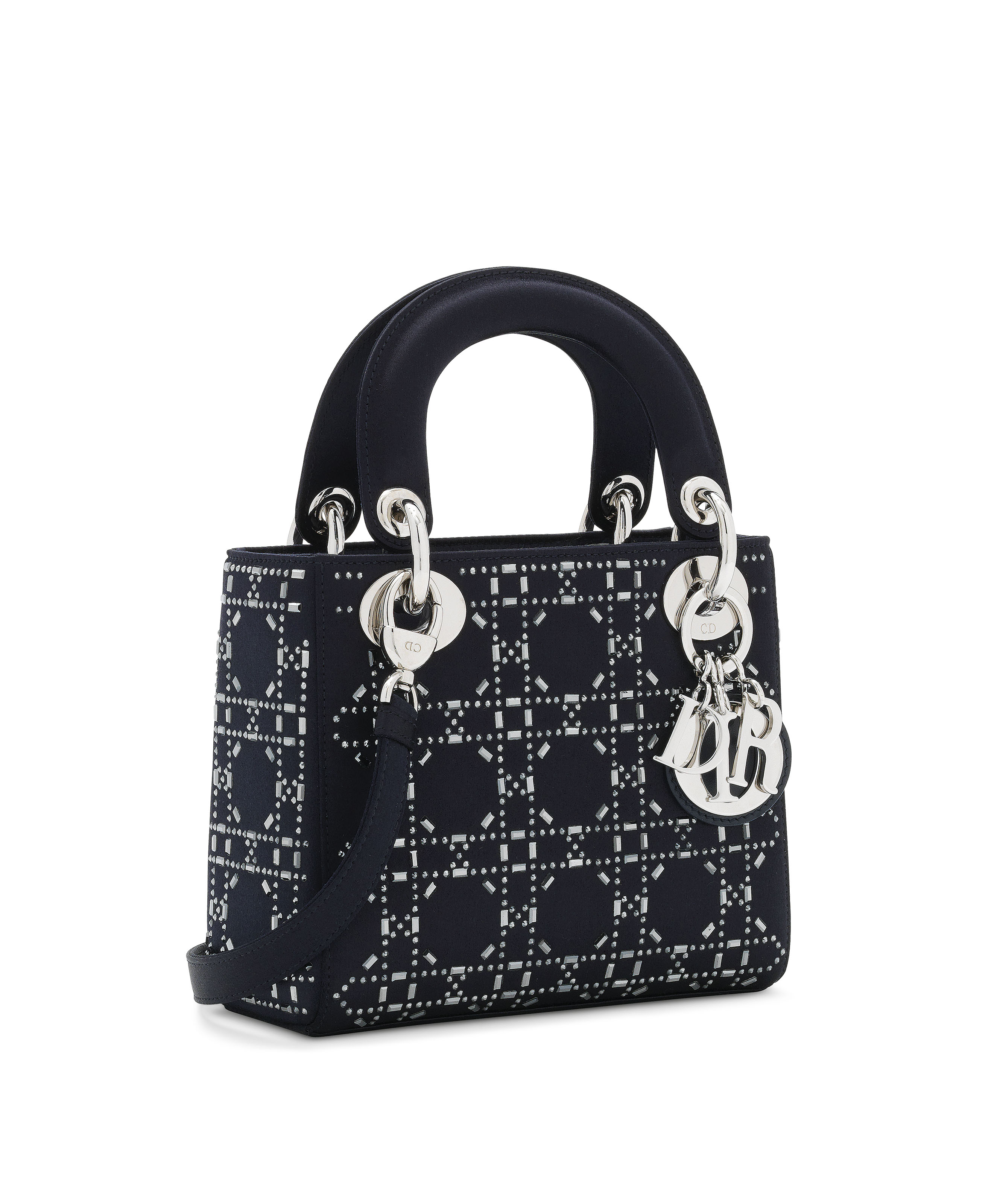 A NAVY SATIN CRYSTAL CANNAGE LADY DIOR PM WITH SILVER HARDWARE