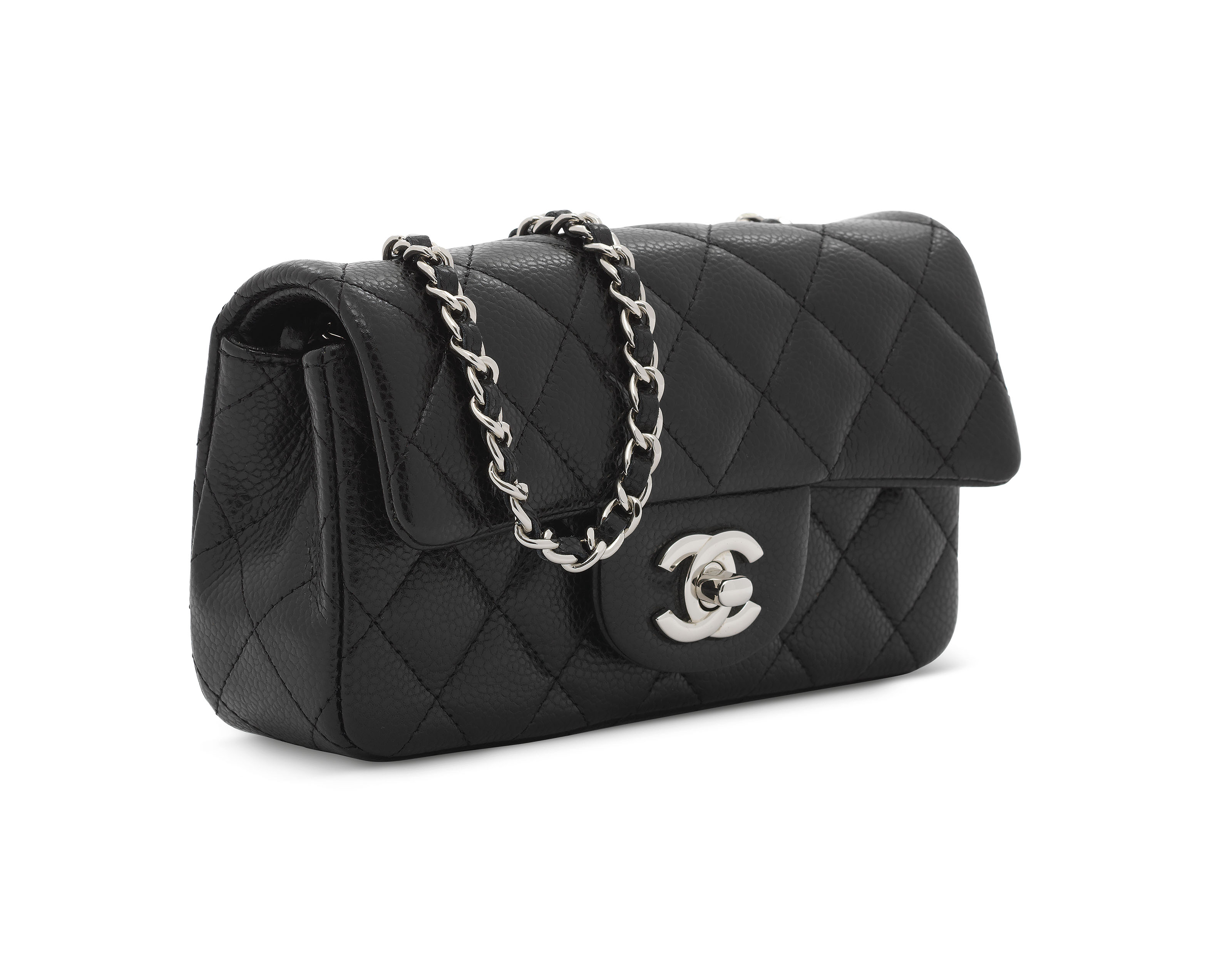 A BLACK CAVIAR LEATHER MINI FLAP WITH SILVER HARDWARE