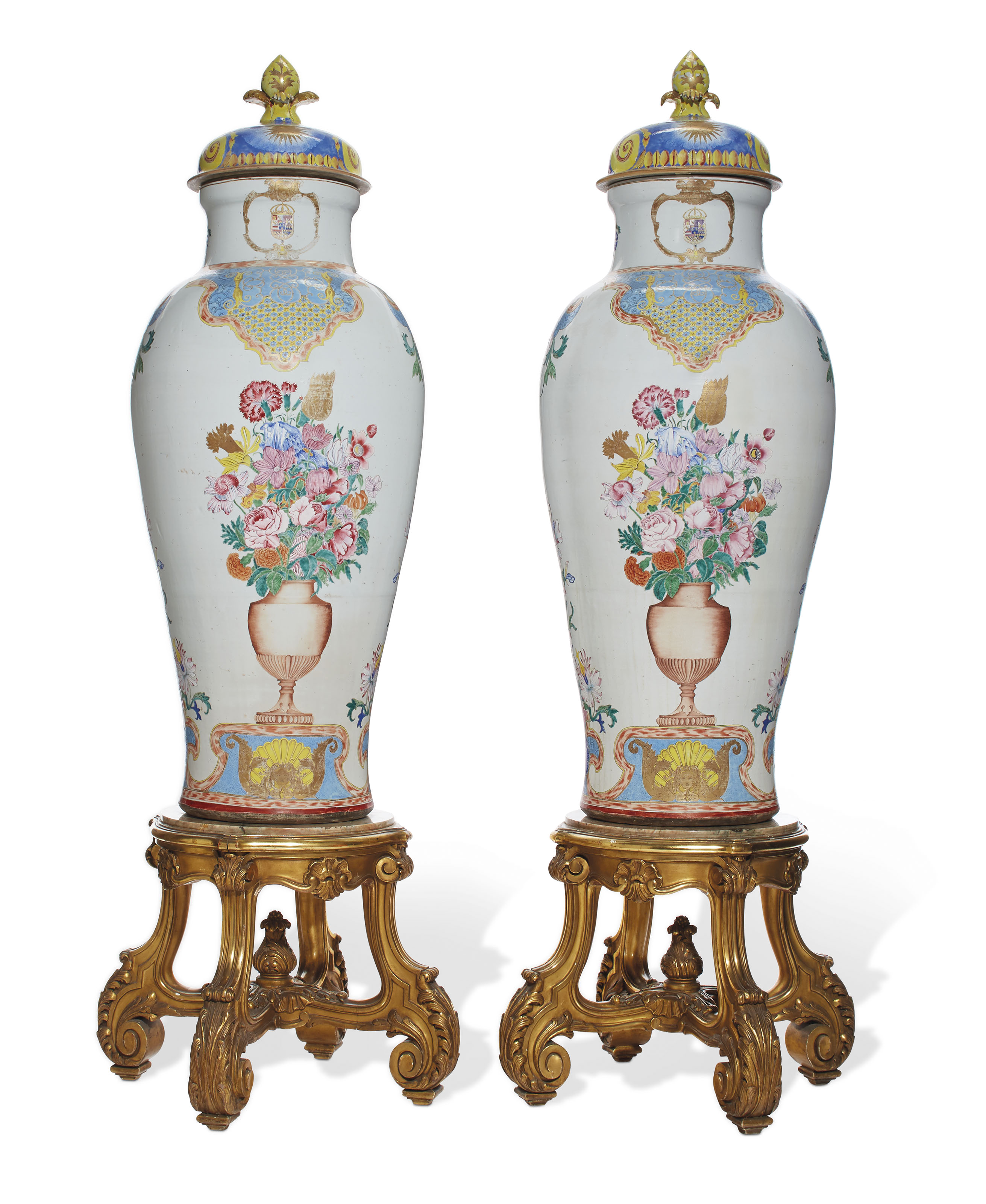 A pair of Chinese export &lsquo;soldier&rsquo; vases and covers with the arms of Philip V of Spain, Yongzheng/Qianlong period, circa 1735-40. Height: 51&frac12;  in (130.8  cm). Estimate: &pound;200,000-300,000. Offered in The Exceptional Sale  on 4 July 2019 at Christie&rsquo;s in London
