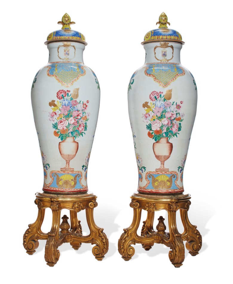 A pair of Chinese export ‘soldier’ vases and covers with the arms of Philip V of Spain, YongzhengQianlong period, circa 1735-40. Height 51½  in (130.8  cm). Estimate £200,000-300,000. Offered in The Exceptional Sale  on 4 July 2019 at Christie’s in London