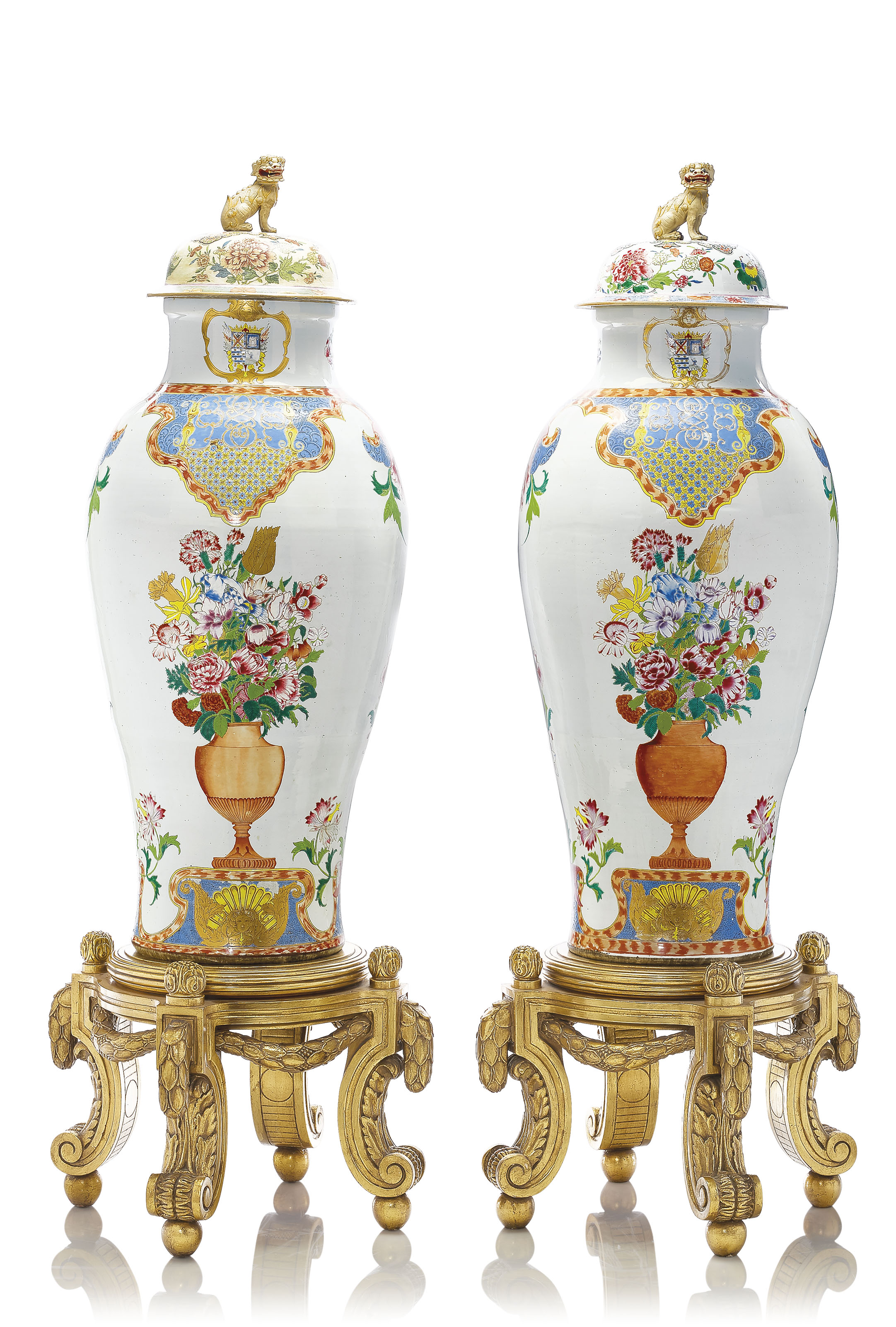 A pair of Chinese export armorial &lsquo;soldier&rsquo; vases and two covers, Yongzheng/Qianlong period, circa 1735-40. 51&frac12;  in (130.8  cm) high, each. Estimate: &pound;100,000-150,000. Offered in The Exceptional Sale  on 4 July 2019 at Christie&rsquo;s in London