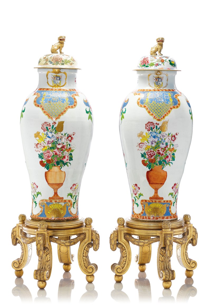 A pair of Chinese export armorial ‘soldier’ vases and two covers, YongzhengQianlong period, circa 1735-40. 51½  in (130.8  cm) high, each. Estimate £100,000-150,000. Offered in The Exceptional Sale  on 4 July 2019 at Christie’s in London