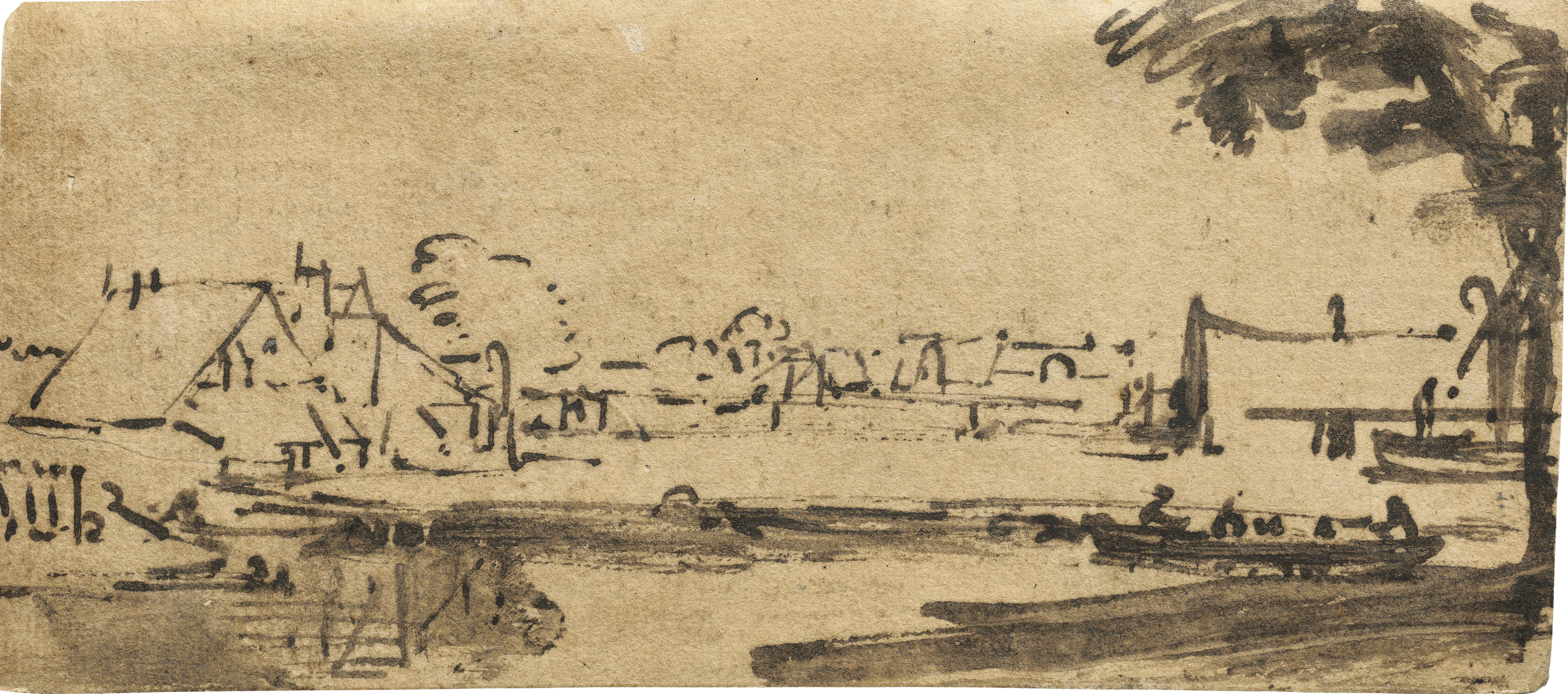 A view of a town along a river, a boat in the foreground