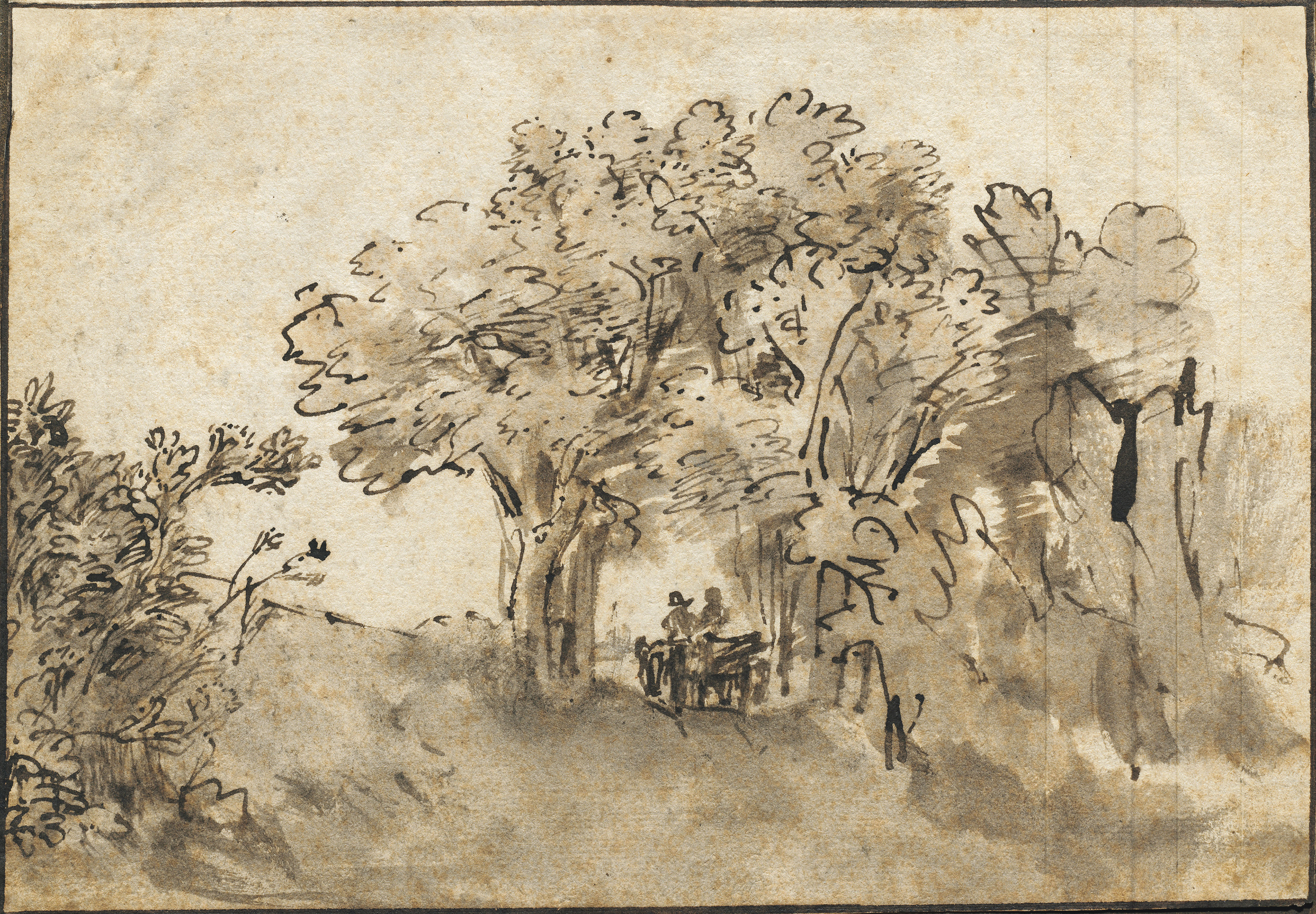 A carriage on a road flanked by trees