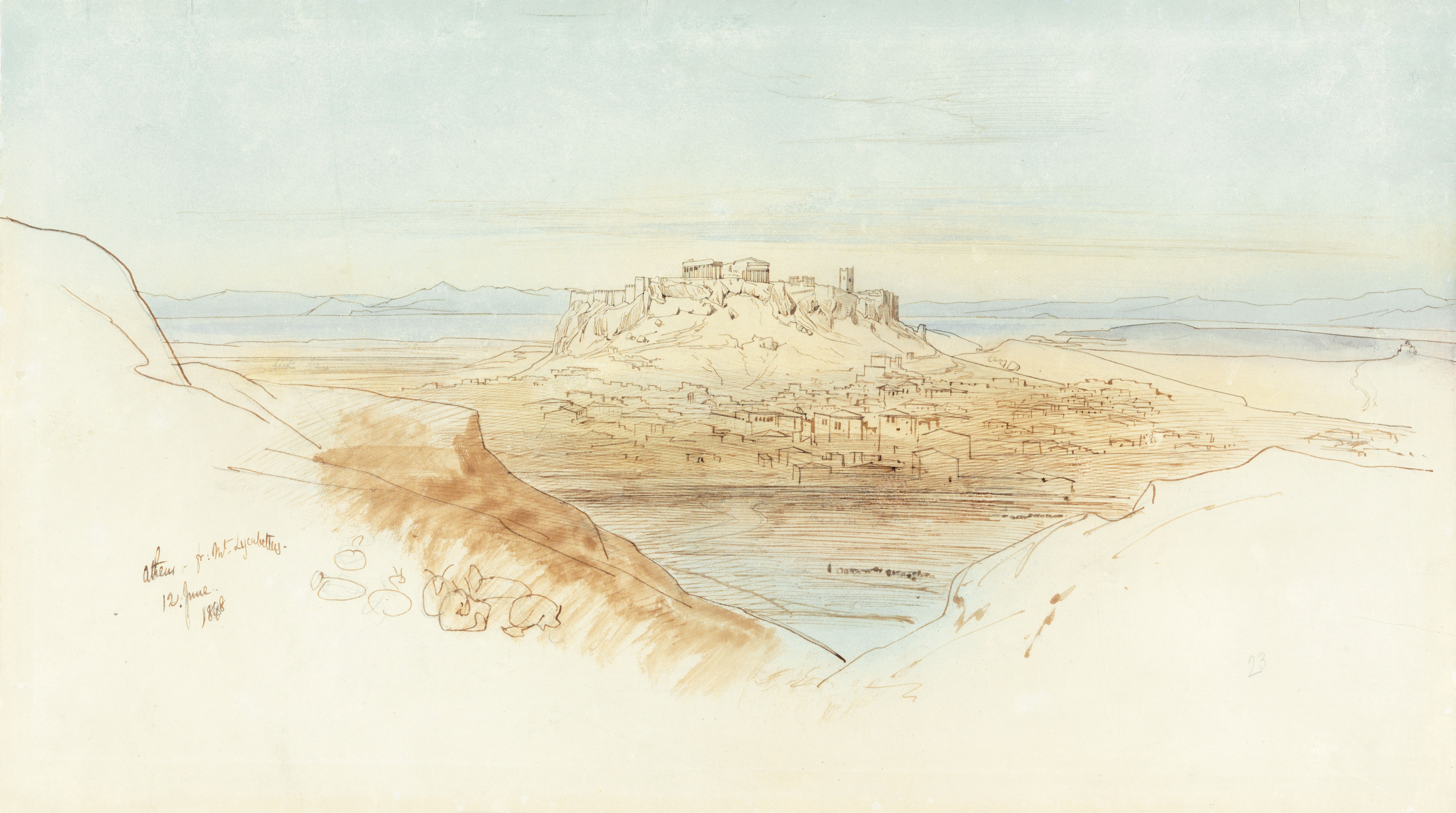 Edward Lear (1812-1888), Athens from Mount Lycabettus. Pencil, pen, blue and brown wash. 10&frac12; x 18&frac12; in (26.7 x 47 cm).