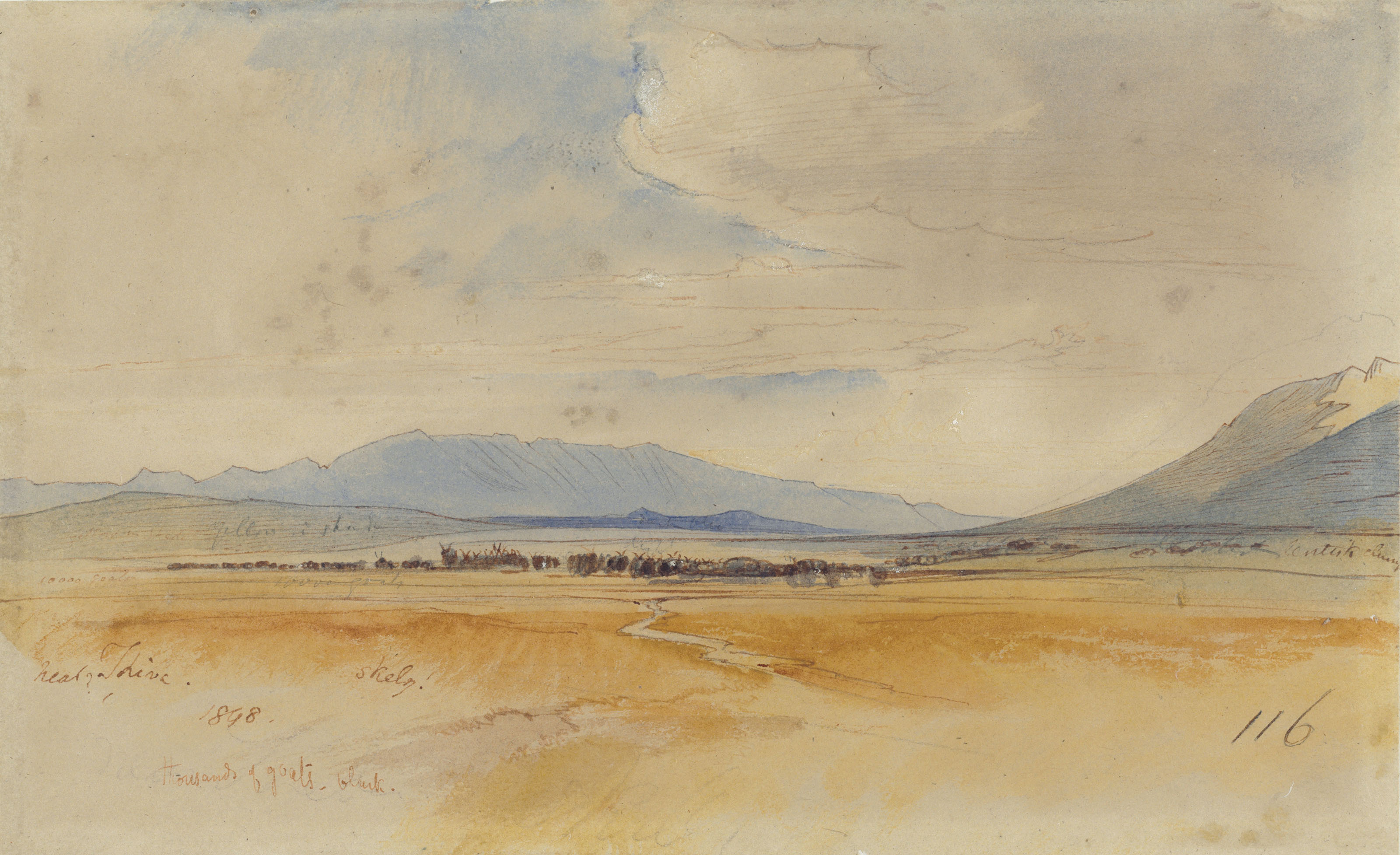 Edward Lear (1812-1888), Thousands of goats, near Thebes. Pencil, pen and watercolour. 6&frac14; x 10&frac14; in (15.9 x 26 cm). Sold for £4,000 on 2 July 2019 at Christie’s in London