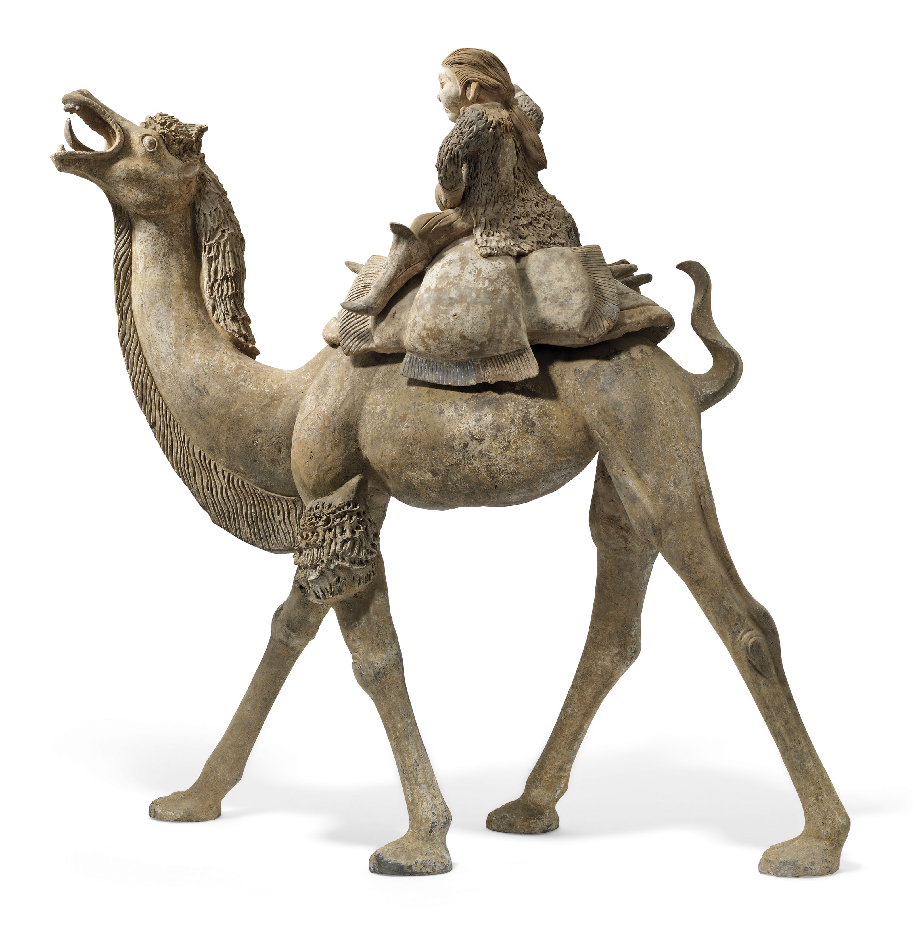A MASSIVE PAINTED POTTERY FIGURE OF A CAMEL AND RIDER ...