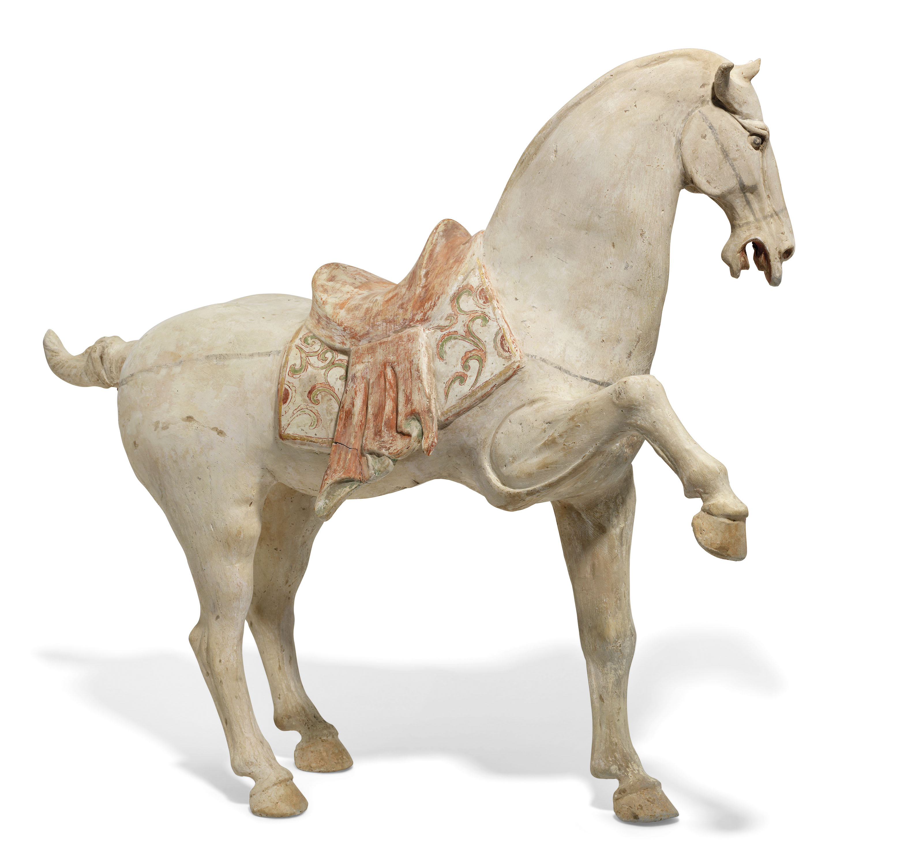 A Large Painted Pottery Figure Of A Prancing Horse Tang Dynasty