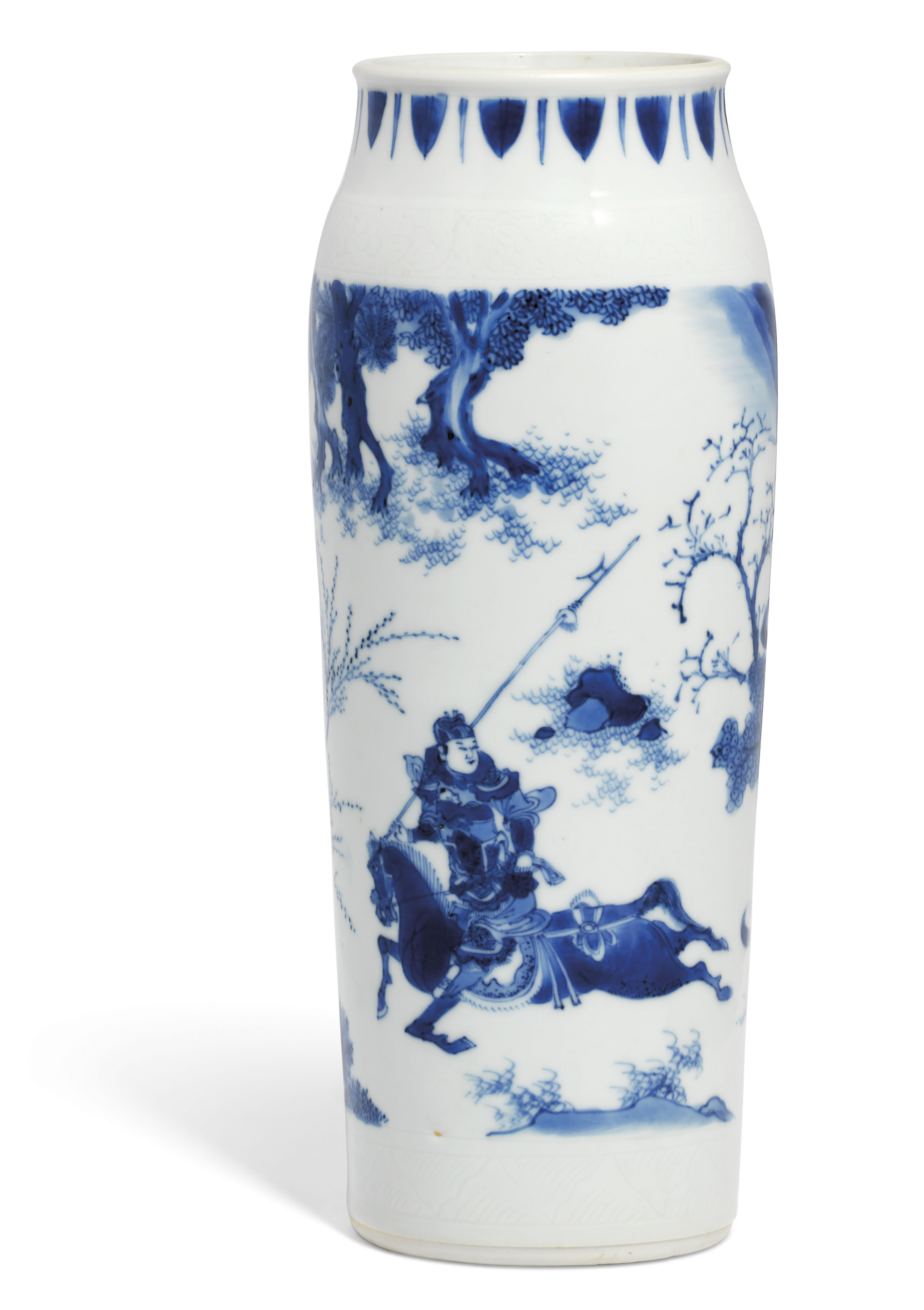 A BLUE AND WHITE FIGURAL SLEEVE VASE