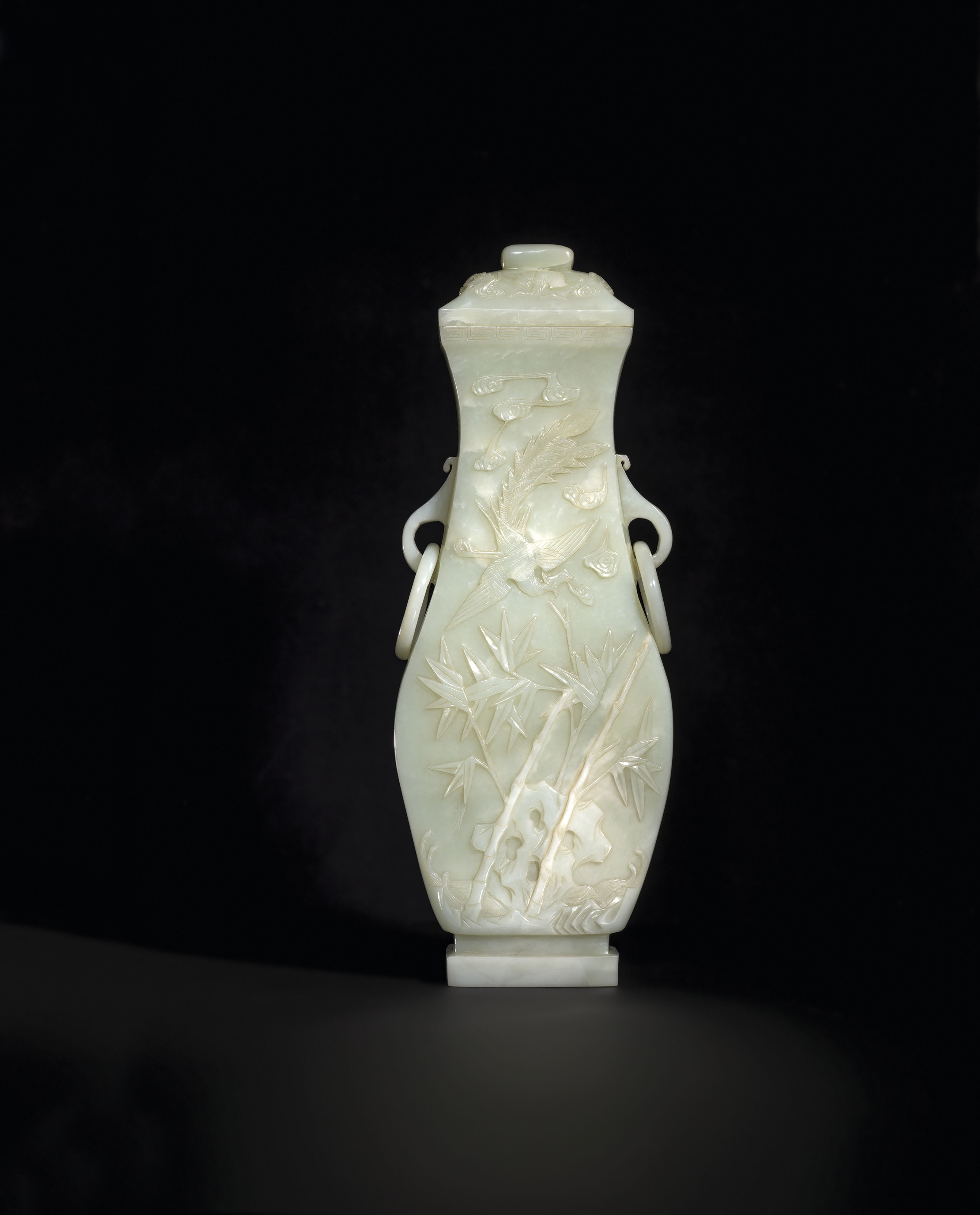 A VERY LARGE PALE GREENISHWHITE JADE TWOHANDLED VASE AND COVER , 19TH