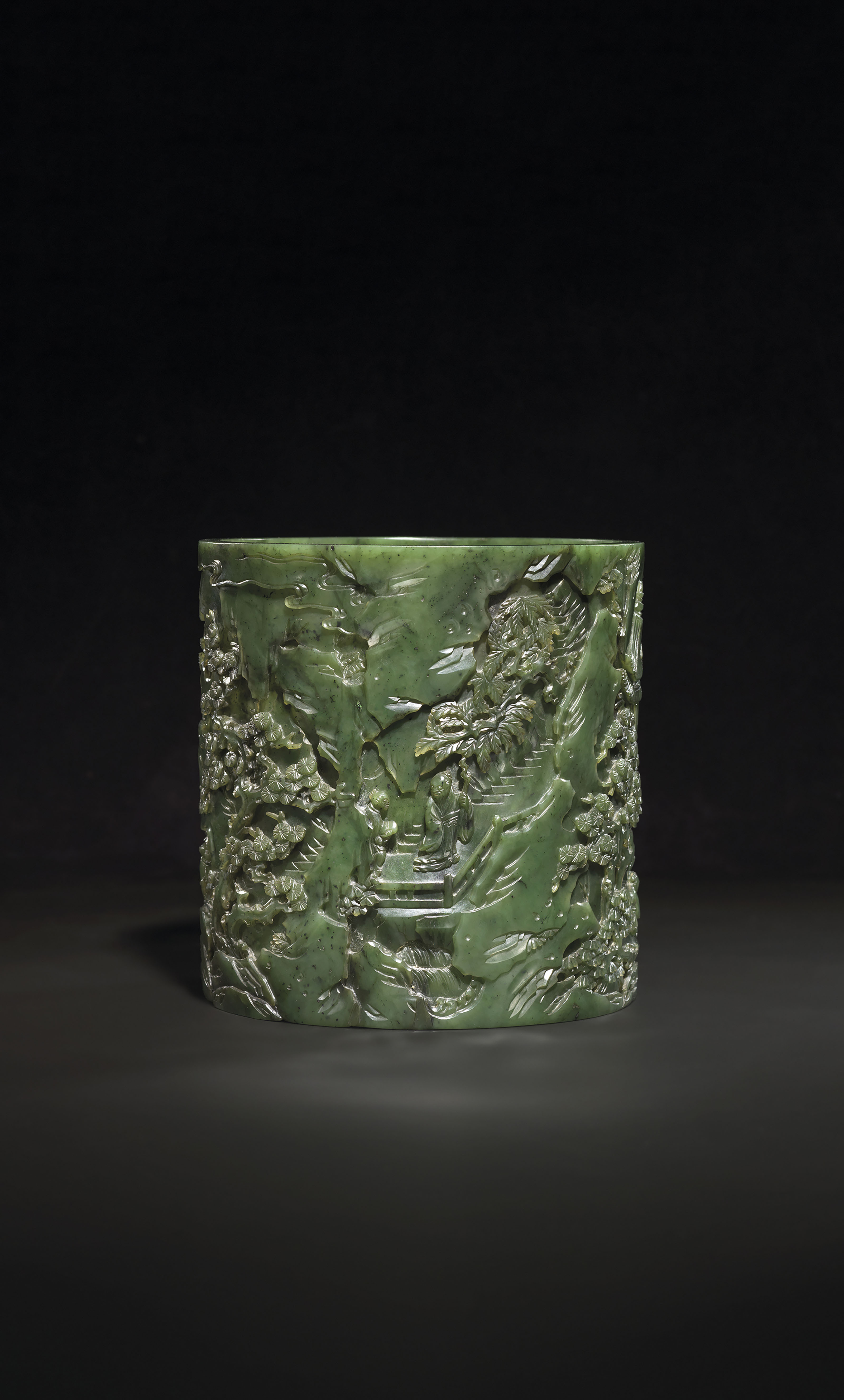 A FINELY CARVED SPINACHGREEN JADE BRUSH POT, BITONG