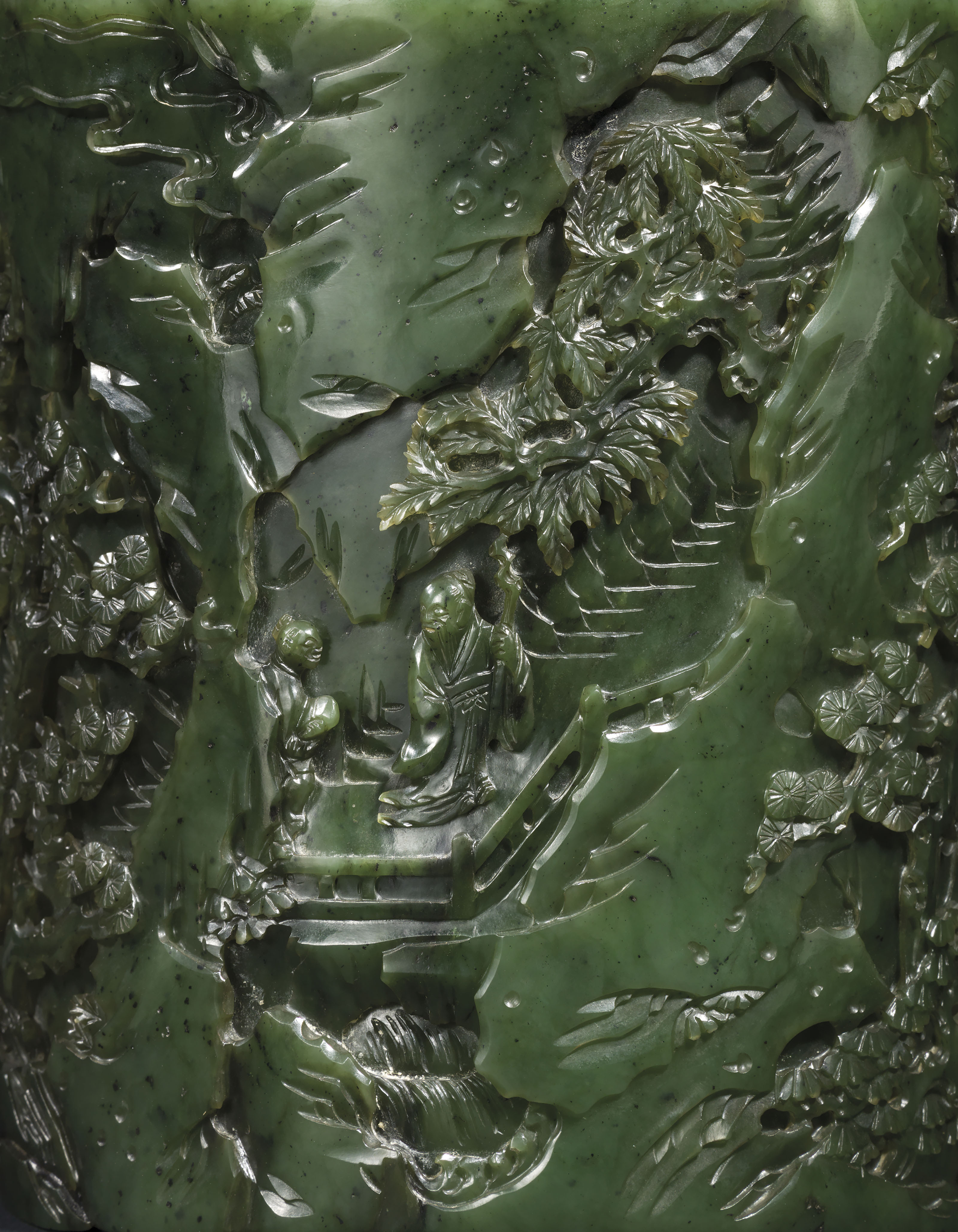 A FINELY CARVED SPINACHGREEN JADE BRUSH POT, BITONG , QIANLONG PERIOD