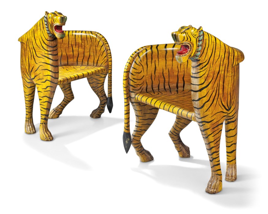 A PAIR OF INDIAN POLYCHROMEDECORATED 'TIGER' THRONE CHAIRS, SECOND