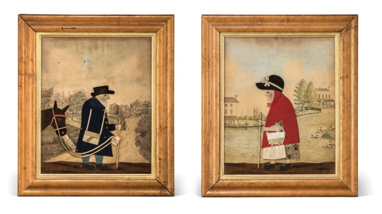 A pair of Regency cut-felt collage pictures of the goose woman and ‘Old Bright’ the postman of Frant, By George Smart, circa 1820. Each 13¾ x 11¾  in (34.9 x 27.9  cm). Estimate £2,000-3,000. Offered in Interiors Including Posters on 11 September 2019 at Christie’s in London