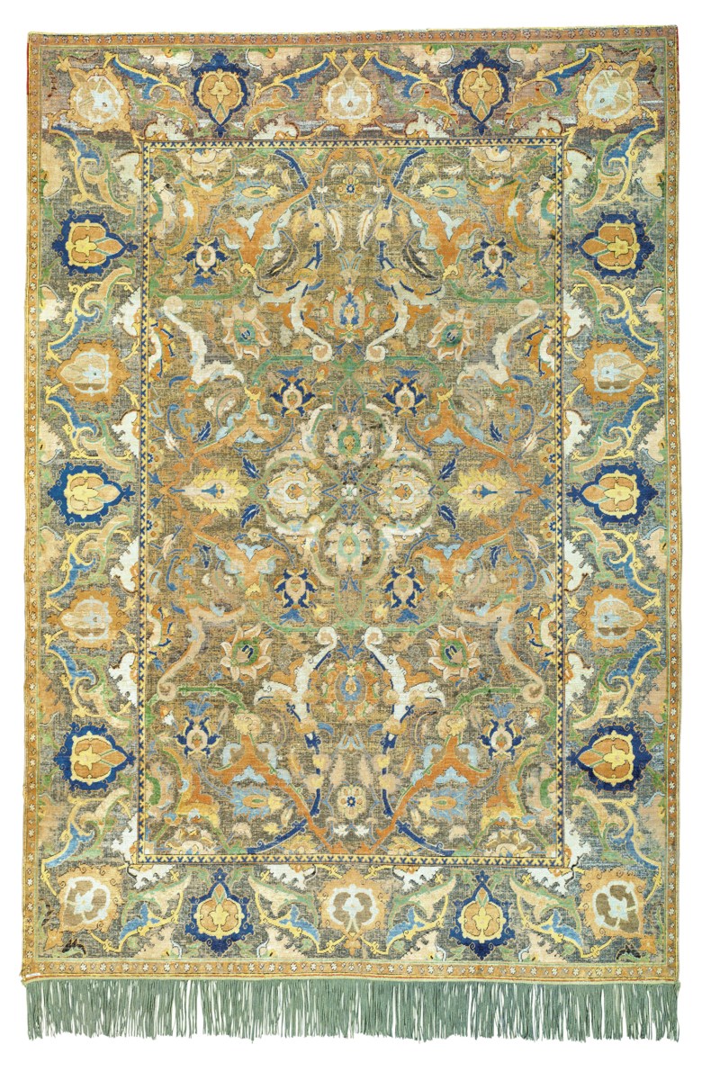 Antique Persian Polonaise' carpet with silk and metal
