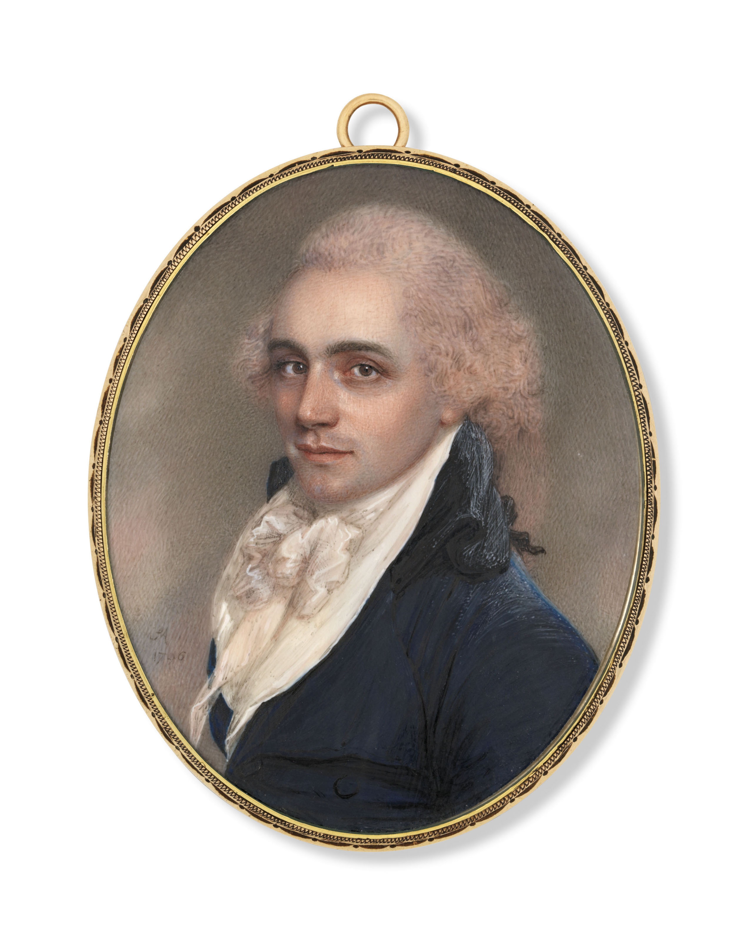Samuel Andrews (1767-1807), A gentleman in blue coat with pink powdered hair, 1796. Oval, in gilt-metal frame. Sold for &pound;6,250 on 22 May 2019 at Christie&rsquo;s in London