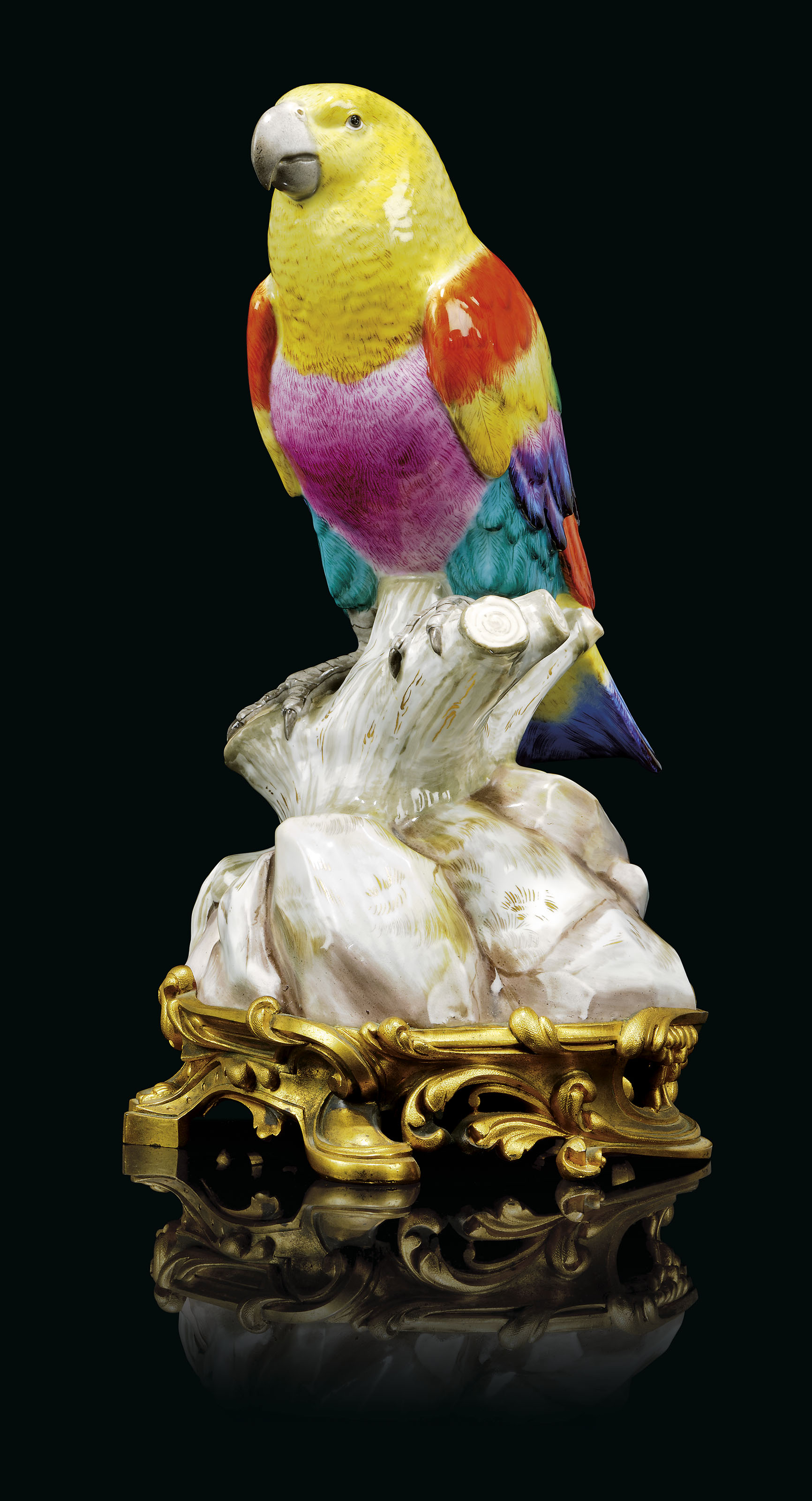 A PAIR OF ORMOLU-MOUNTED MEISSEN PORCELAIN PARROTS, LATE