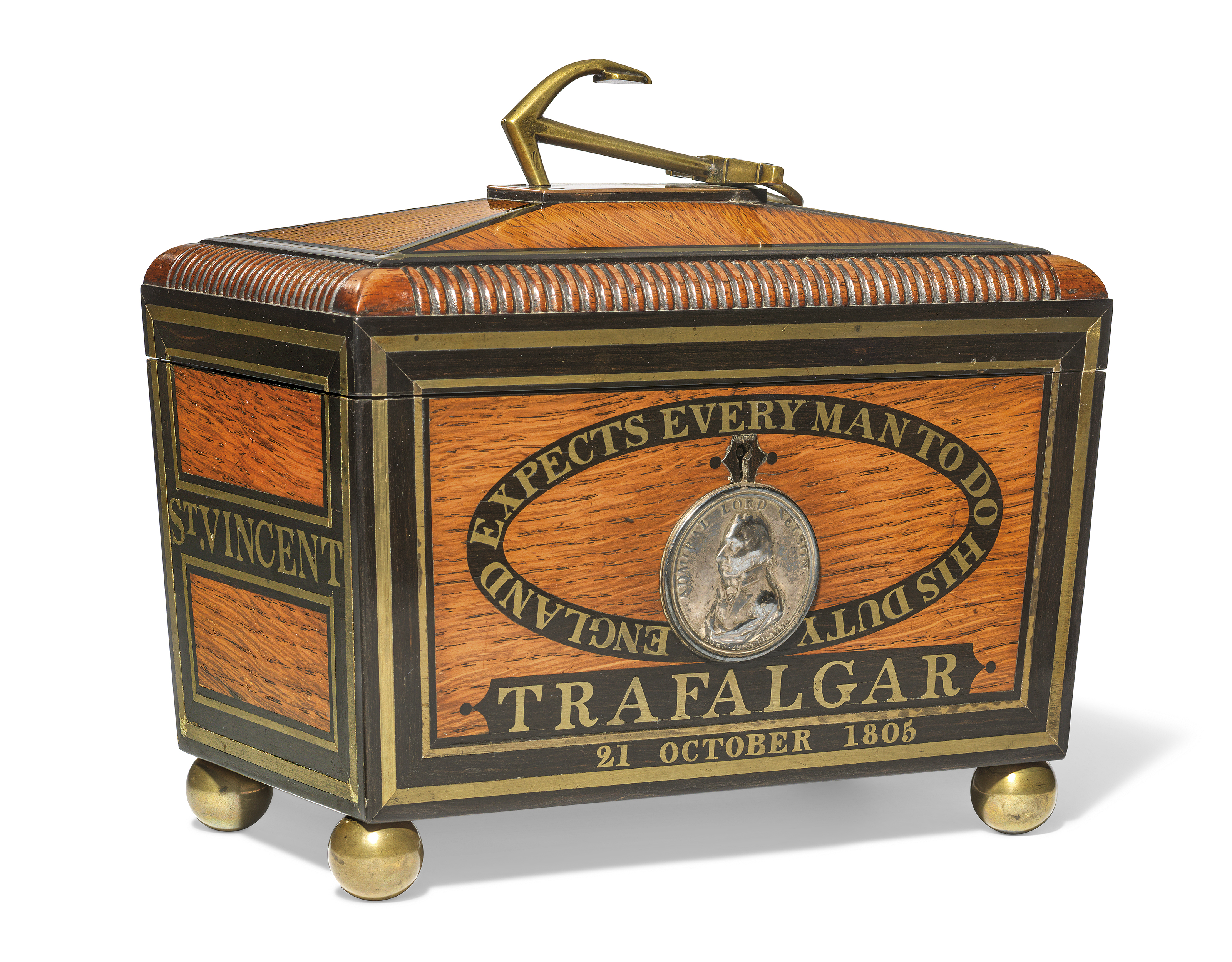 CAPTAIN BROWNE'S H.M.S. VICTORY TEA CADDYA REGENCY OAK, EBONY AND