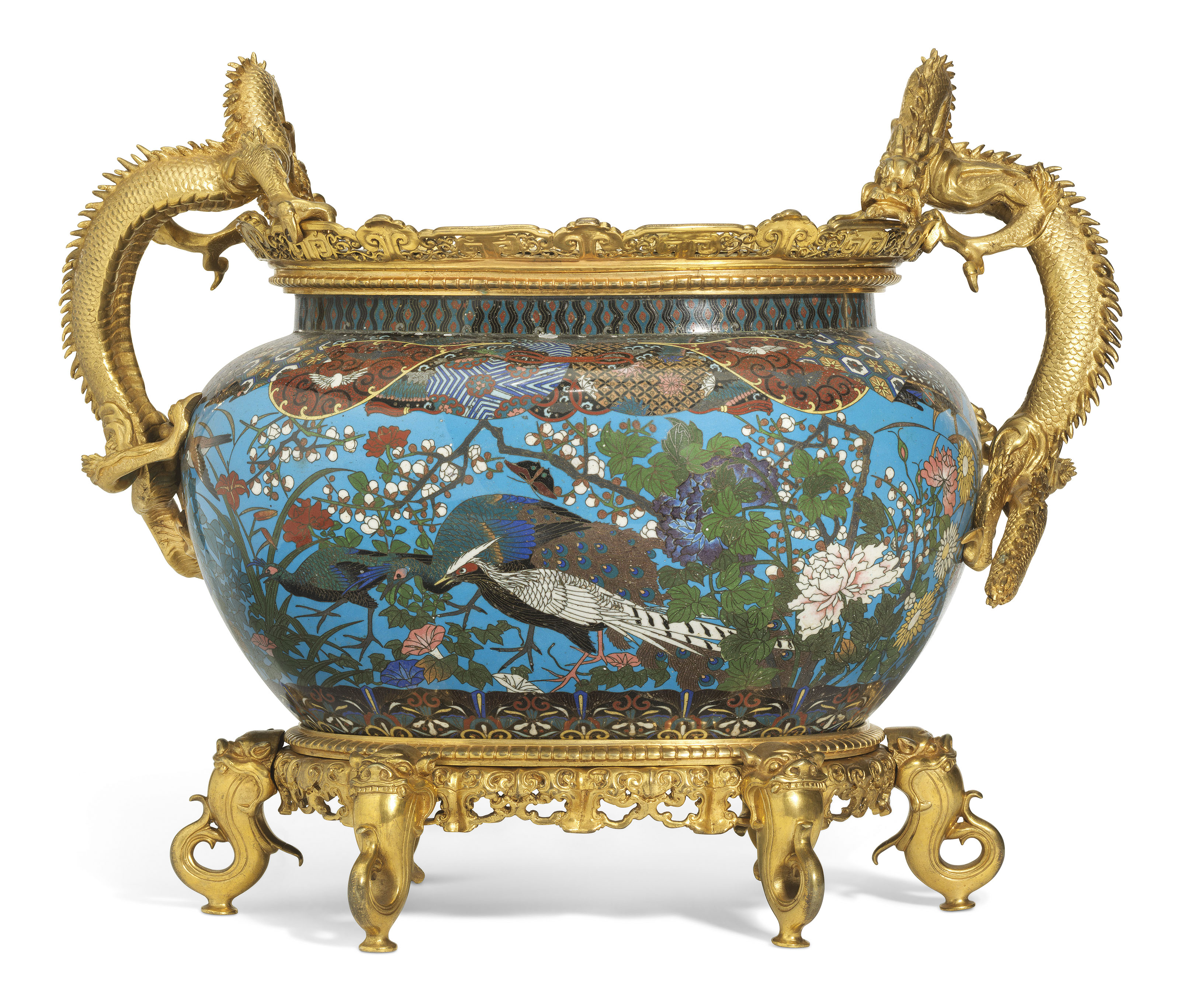 A FRENCH ORMOLU MOUNTED JAPANESE CLOISONNE ENAMEL JARDINIERE THE 