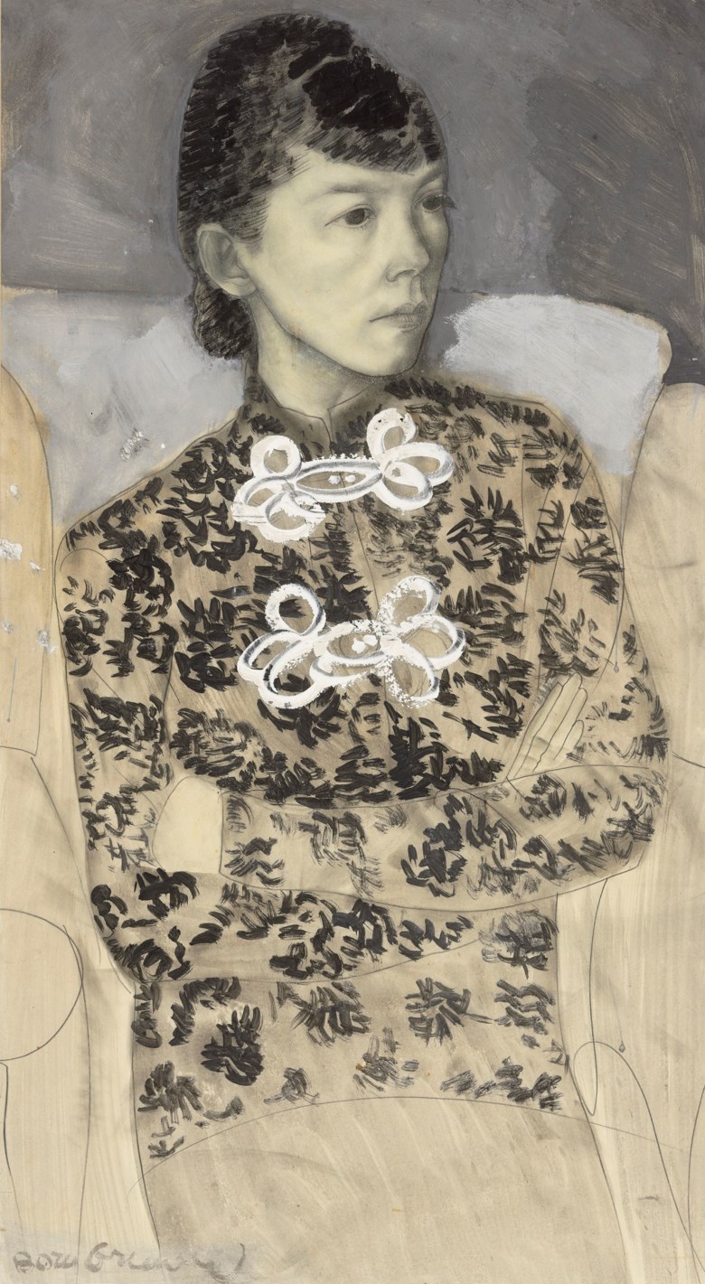 Boris Grigoriev (1886-1939), Portrait of a Woman in a Jacket with Frog Fasteners. Pencil, ink and gouache on paper. 27 x 15  in (68.6 x 38.2  cm). Offered in Russian Art on 3 June 2019 at Christie’s in London