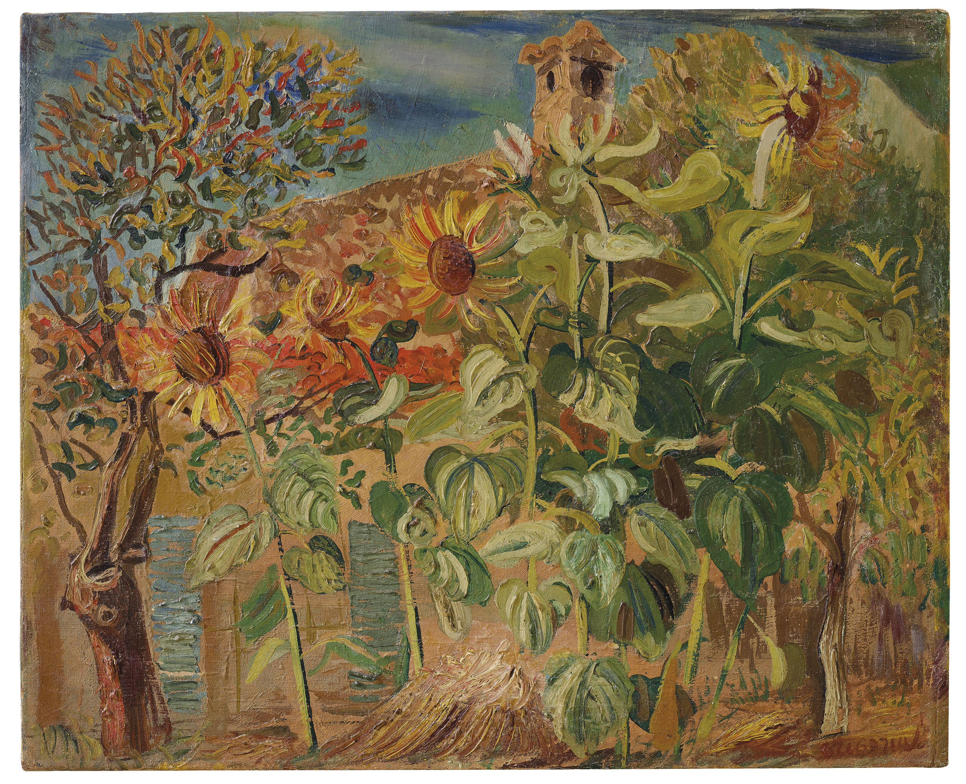 Boris Grigoriev (1886-1939), Sunflowers, 1930. Oil on canvas. 18⅛ x 22⅛  in (46 x 56.2  cm). Offered in Russian Art on 3 June 2019 at Christie&rsquo;s in London and sold for &pound;22,500
