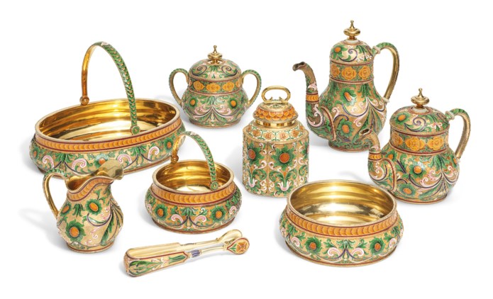 A SILVER-GILT AND CLOISONNÉ ENAMEL TEA AND COFFEE SERVICE