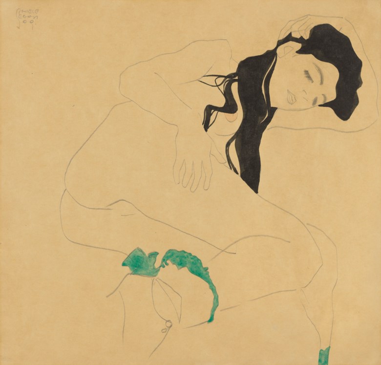 Egon Schiele (1890-1918), Liegender Mädchenakt, executed in 1909. 11⅞ x 12¼  in (30.1 x 31.1  cm). Sold for £1,271,250 on 18 June 2019 at Christie’s in London