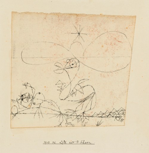 保羅&middot;克利（1879-1940），《麗達與天鵝》，1913年作。藝術家裝裱：9&frac14; x 8⅞吋 (23.4 x 22.4 公分)。估價：15,000-25,000英鎊。此拍品於2019年6月19日在佳士得倫敦印象派及現代紙上作品拍賣會中上拍
