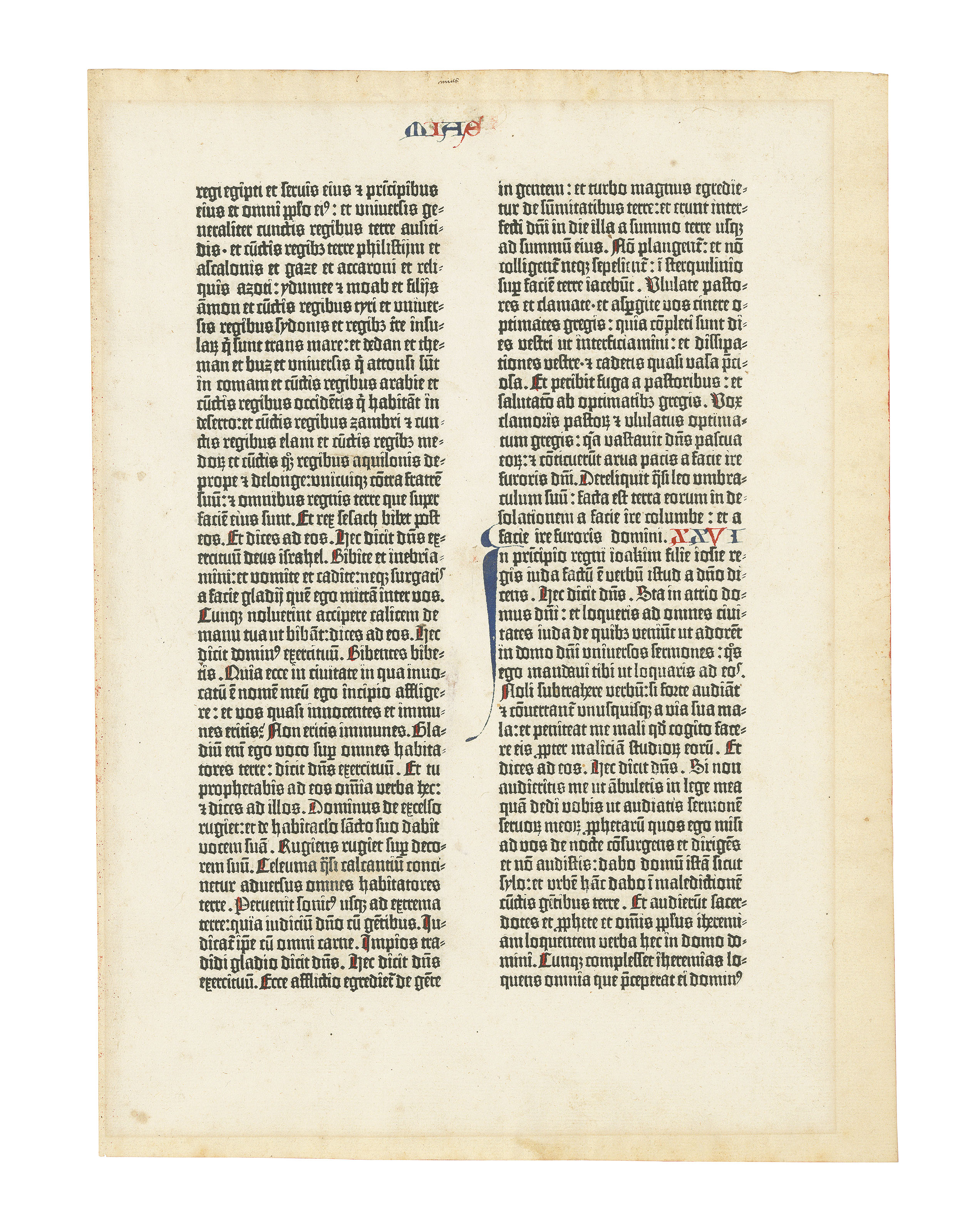 Biblia Latina. [Mainz: Johann Gutenberg and Johann Fust, 1455]. Royal folio (369 x 256 mm). Single leaf from the Old Testament containing Jeremiah 25:19 to Jeremiah 27:6, 42 lines. Sold for &pound;33,125 on 10 July 2019 at Christie&rsquo;s in London
