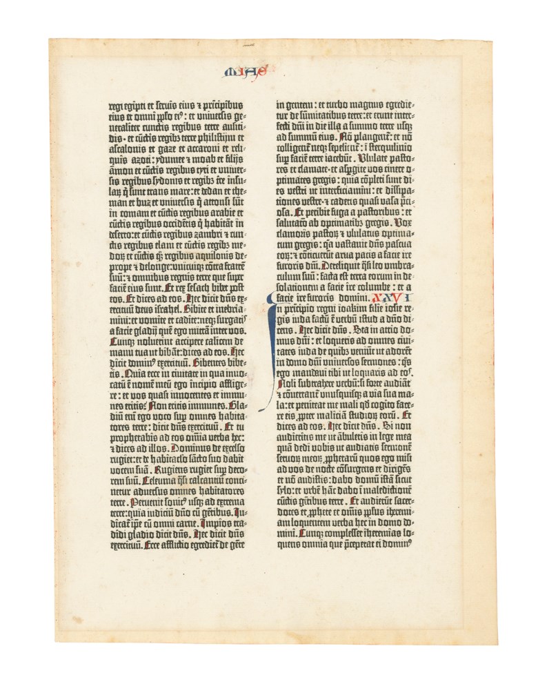Biblia Latina. [Mainz Johann Gutenberg and Johann Fust, 1455]. Royal folio (369 x 256 mm). Single leaf from the Old Testament containing Jeremiah 2519 to Jeremiah 276, 42 lines. Sold for £33,125 on 10 July 2019 at Christie’s in London