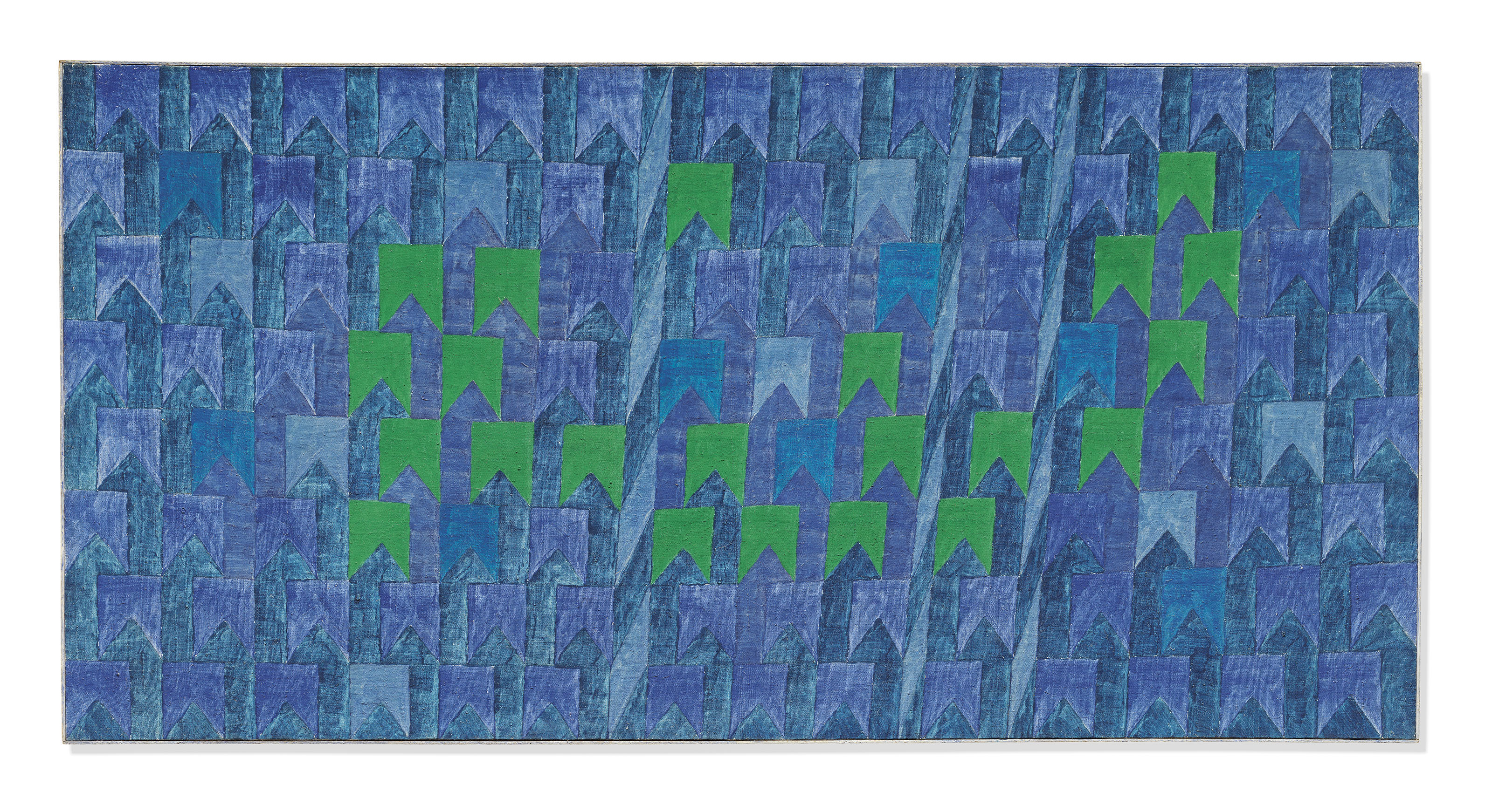 Alfredo Volpi, Untitled (Bandeirinhas com Mastros no Azul) (Untitled (Flags with Masts in Blue)), circa 1960s, sold for £383,250 on 4 October 2019 at Christie's in London