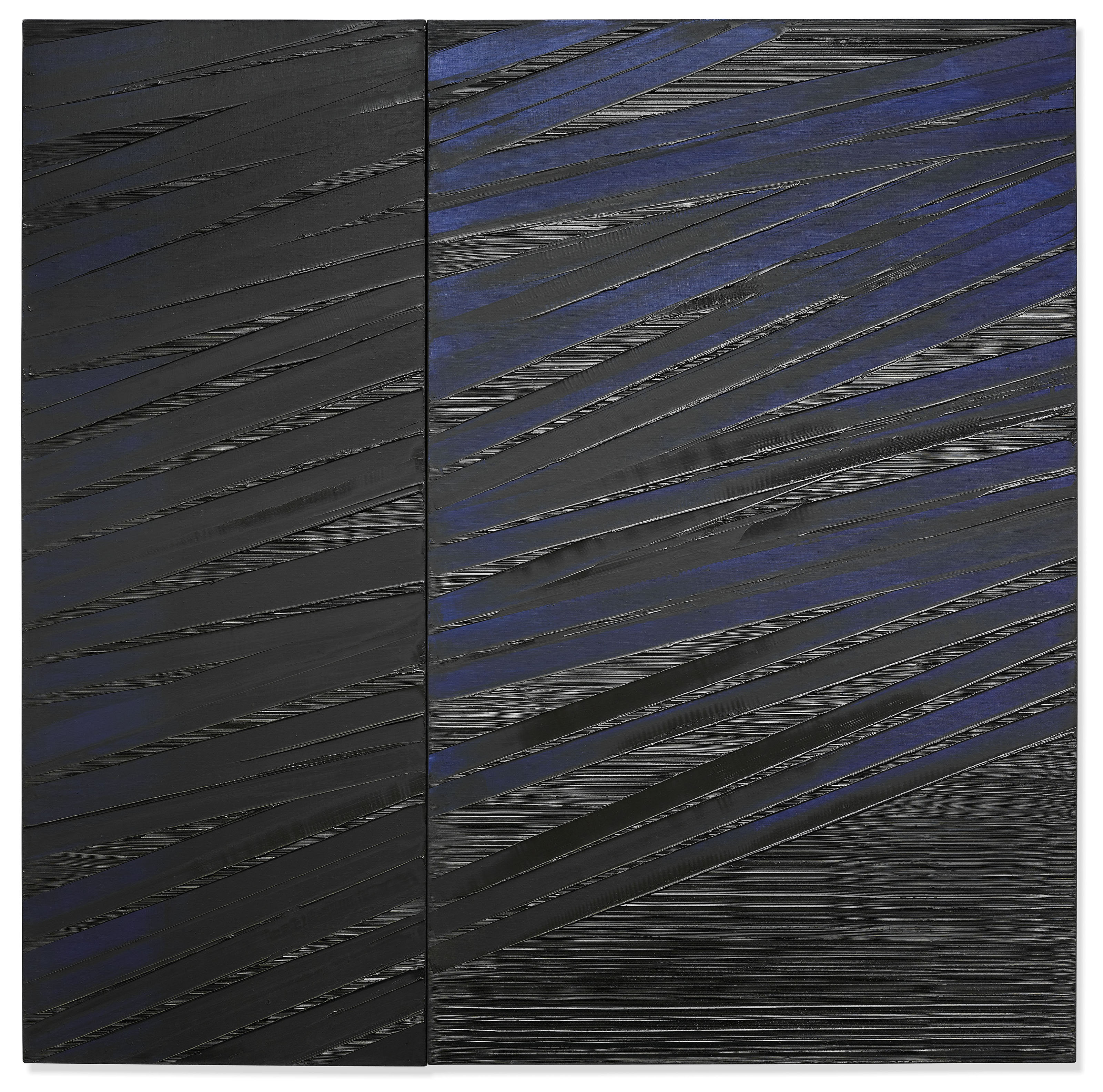 Pierre Soulages (1919-2022), Peinture 222 x 222cm, 15 mai 1987, painted in 1987. Oil on canvas in two parts. Overall: 87⅜ x 87⅜ in (222 x 222 cm). Sold for &pound;2,771,250 on 4 October 2019 at Christie&rsquo;s in London. &copy; Pierre Soulages, DACS 2022