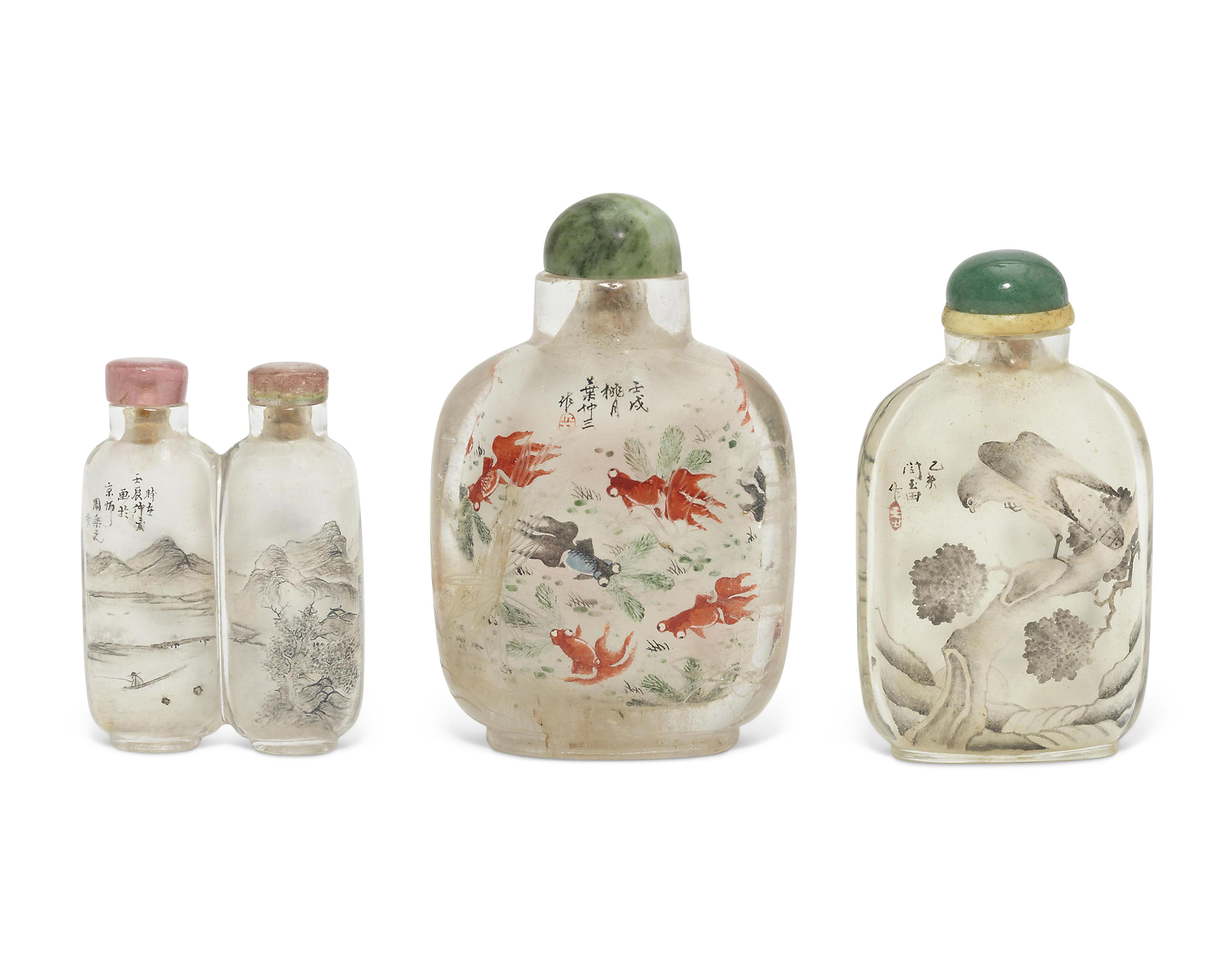 A GROUP OF THREE INSIDE-PAINTED GLASS SNUFF BOTTLES, 20TH CENTURY ...