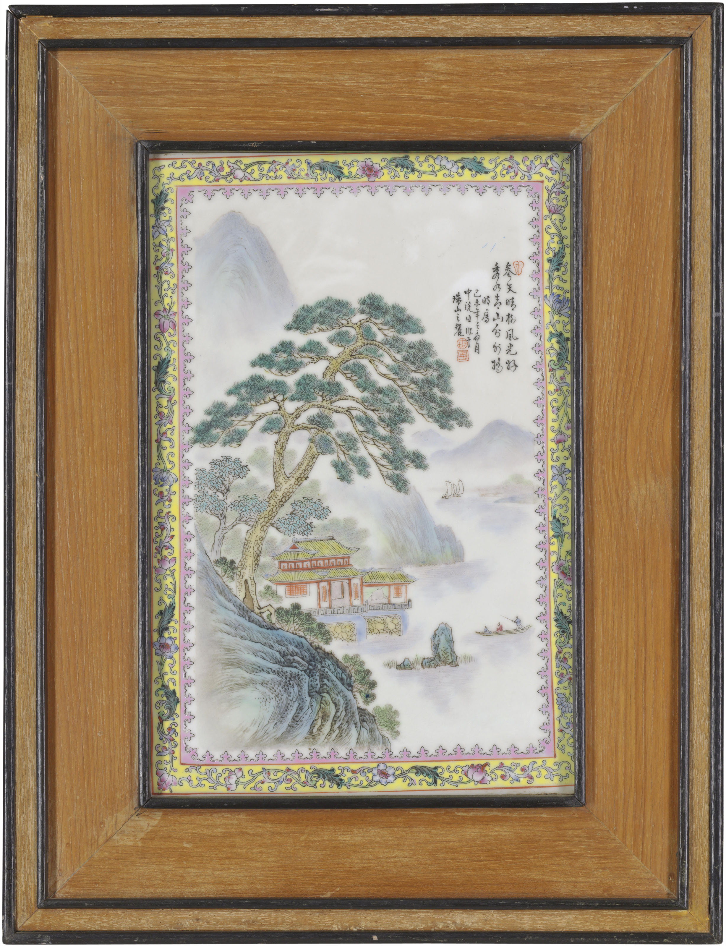民国粉彩四季山水图诗文瓷板一组四件, REPUBLIC PERIOD (1912