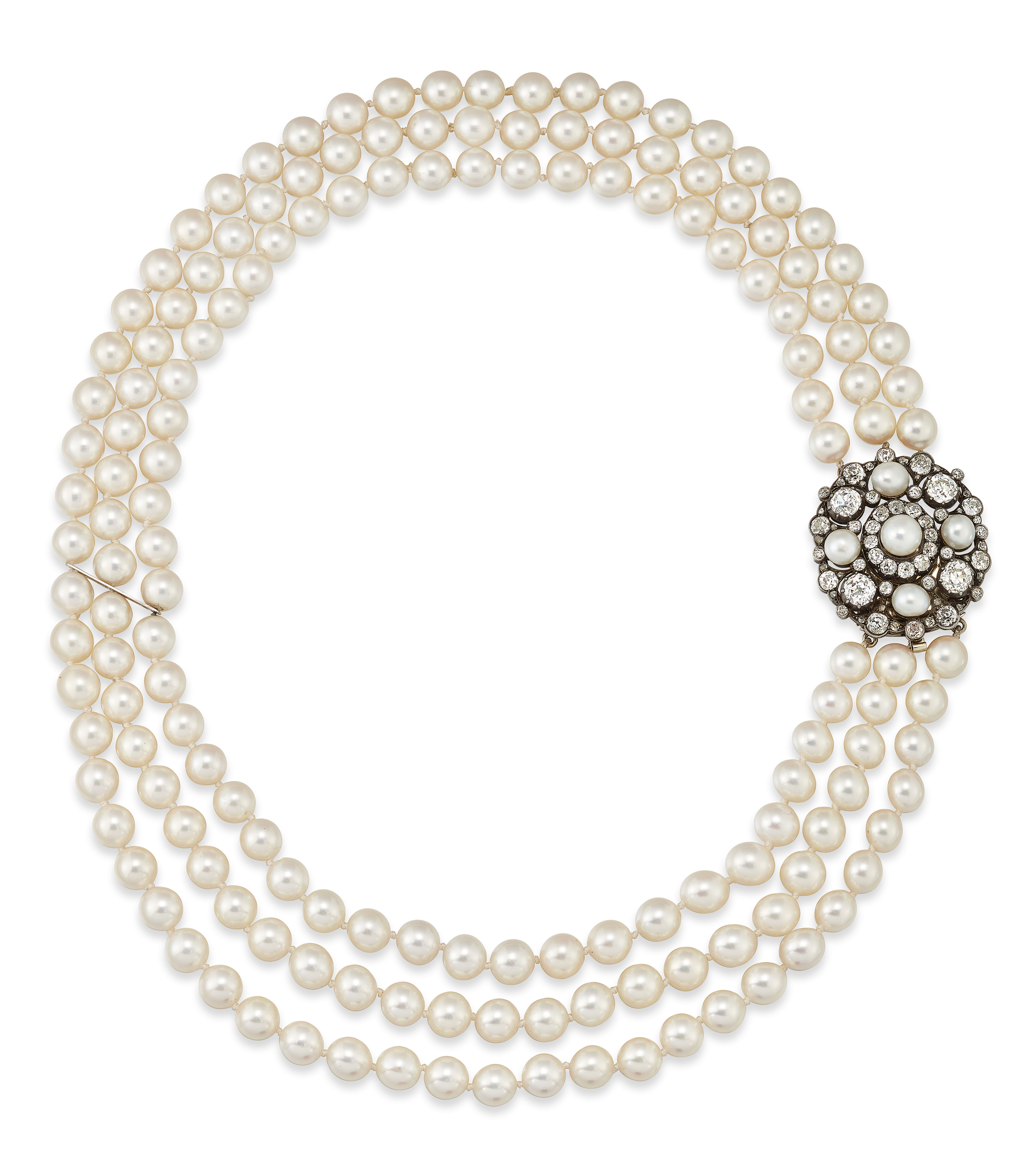 THREEROW CULTURED PEARL NECKLACE TO LATE 19TH CENTURY PEARL AND