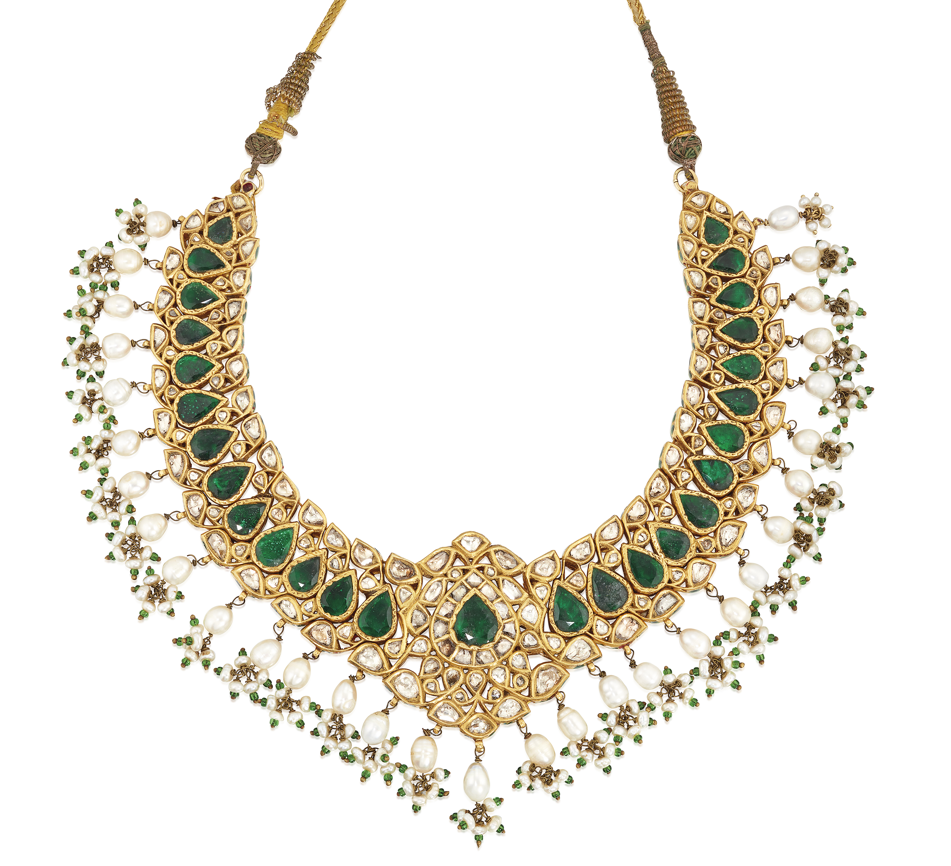 INDIAN EMERALD, PEARL, ENAMEL AND DIAMOND NECKLACE