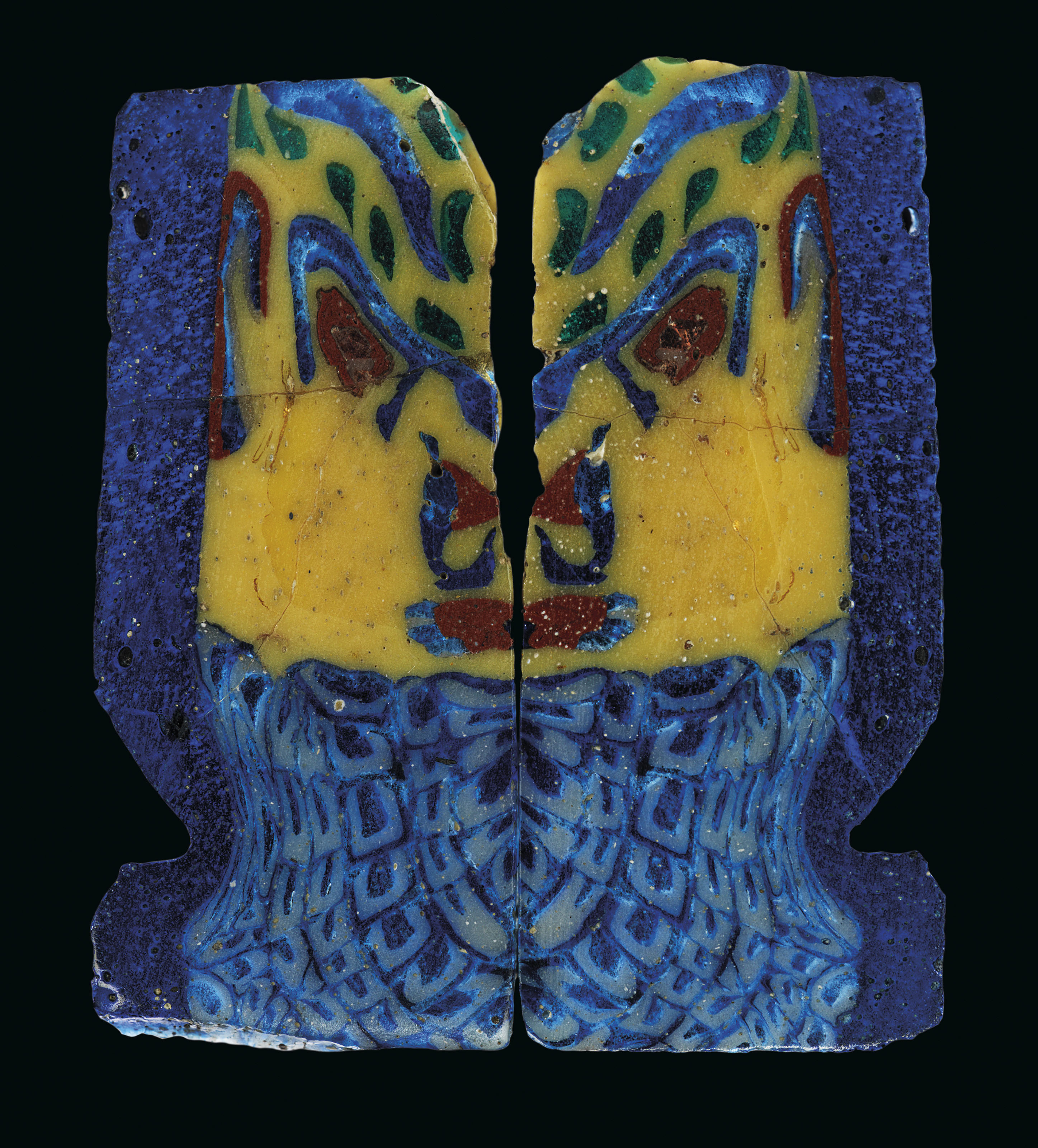 TWO EGYPTIAN MOSAIC GLASS DAIMON HEAD INLAYS - auctions & price archive