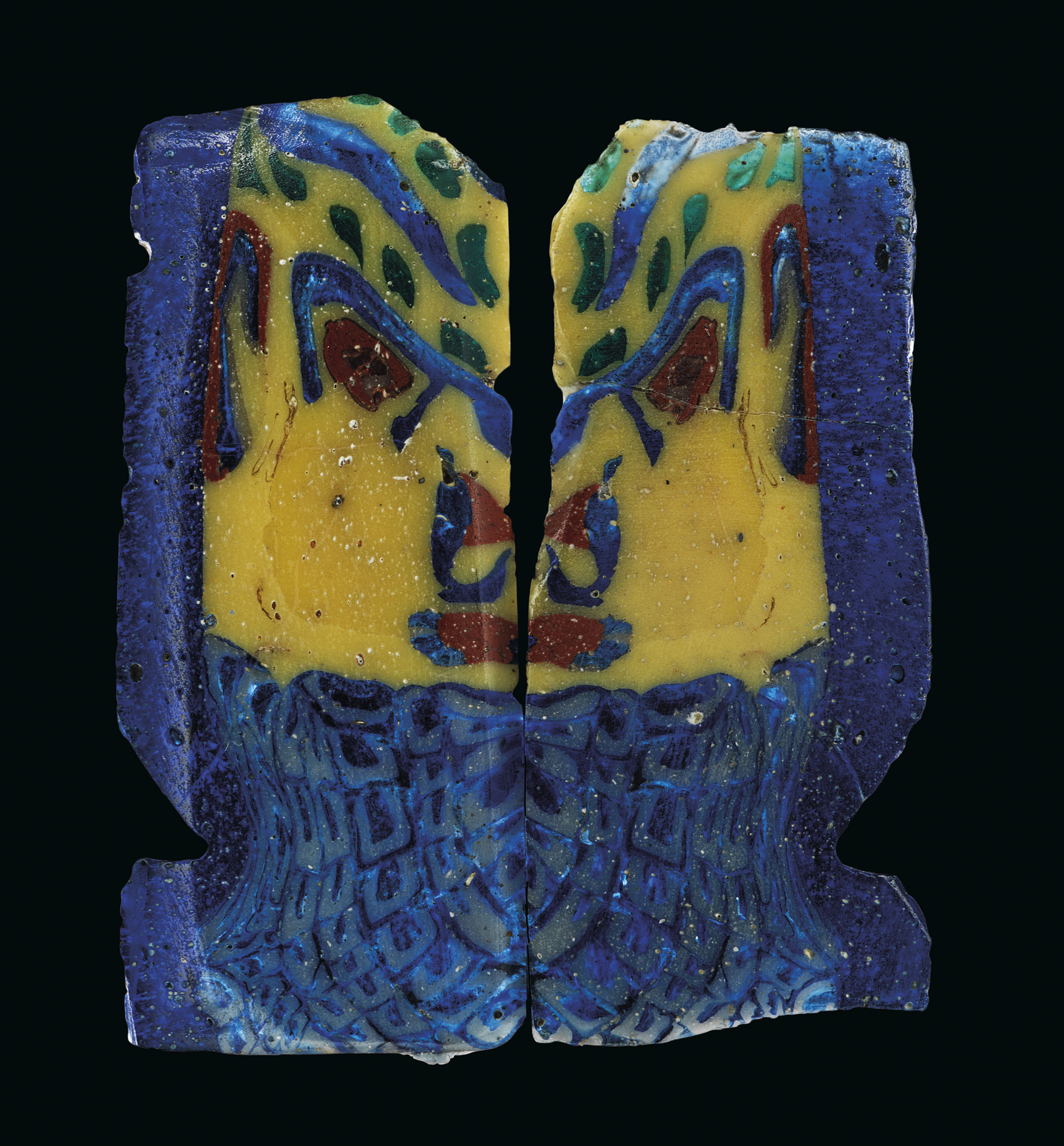 TWO EGYPTIAN MOSAIC GLASS DAIMON HEAD INLAYS - auctions & price archive