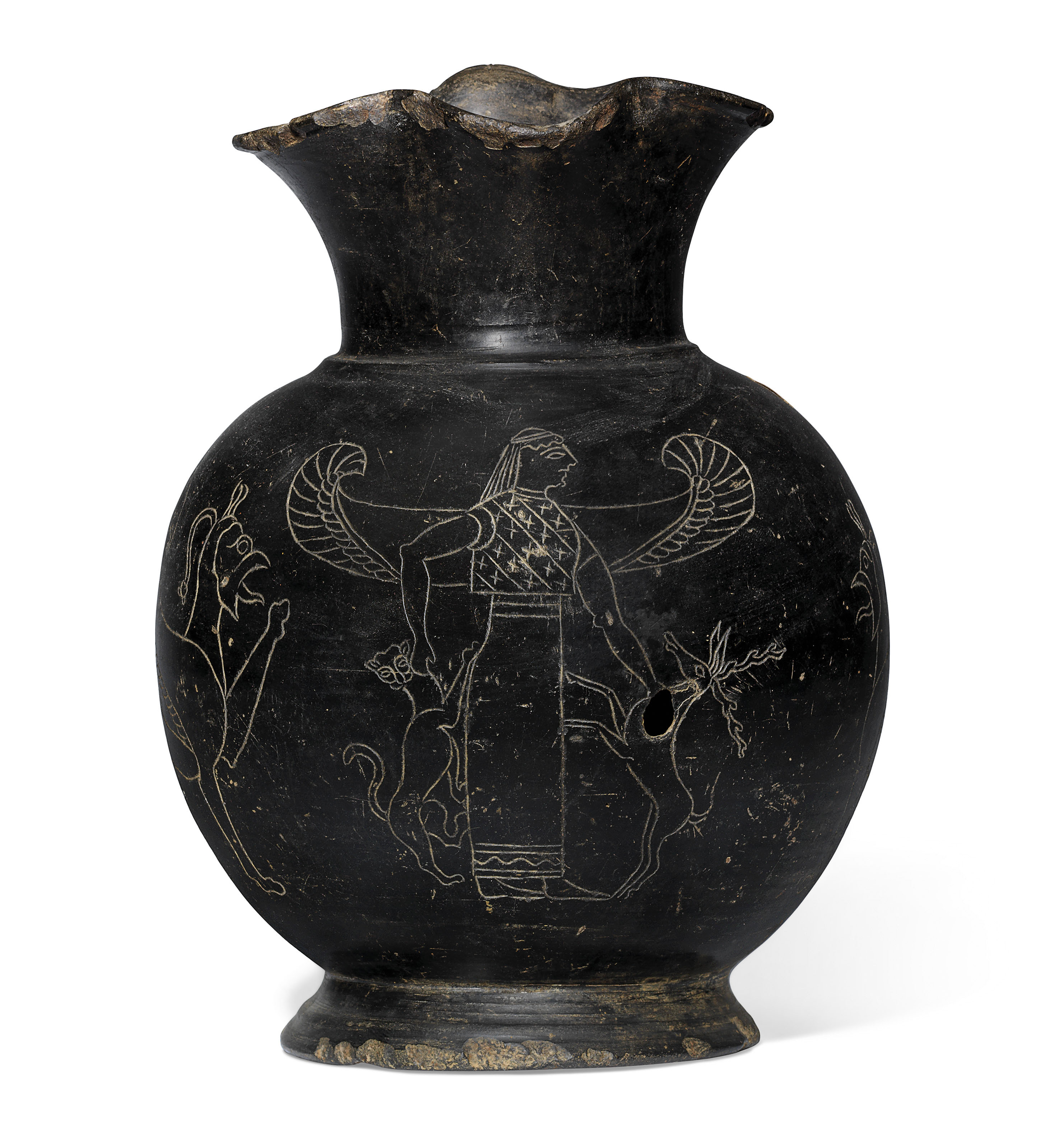 AN ETRUSCAN BUCCHERO WARE TREFOIL-LIPPED OINOCHOE , CIRCA 600-500 B.C
