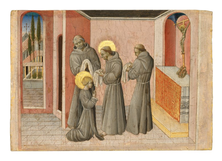 Giovanni di Paolo (Siena c. 1399-1482), The Investiture of Saint Clare the Saint Receiving the Clothes of Her Order from Saint Francis. Tempera and gold on panel. 8⅛ x 11½  in (20.6 x 29.2 cm). Sold for £3,611,250 on 3 December 2019 at Christie’s in London