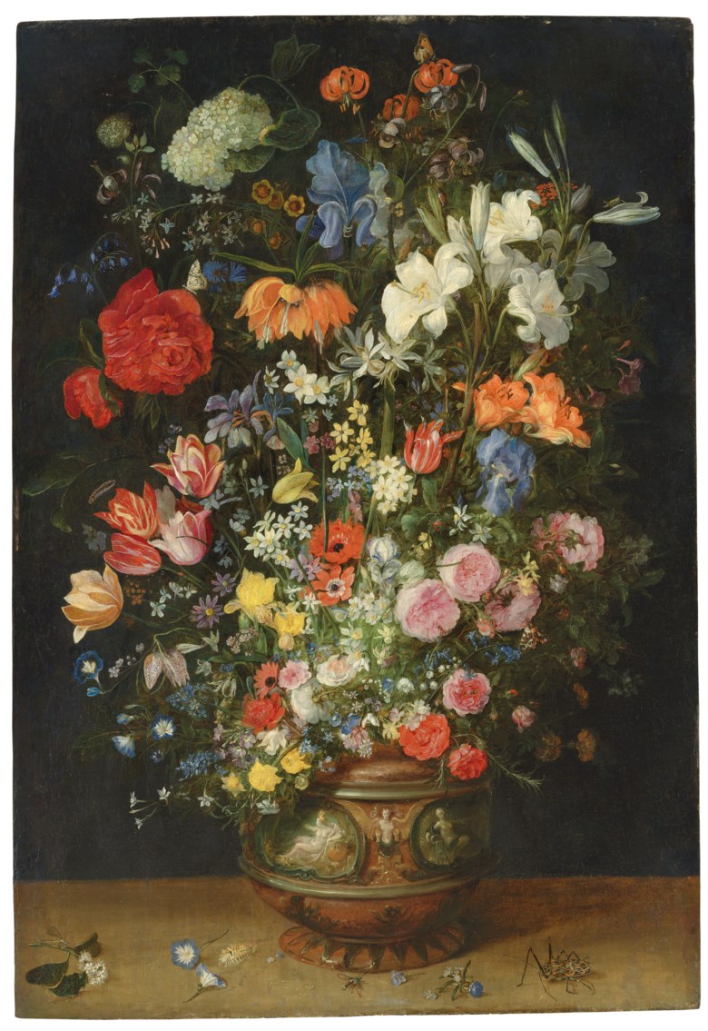Jan Breughel, the Elder (Brussels 1568-1625 Antwerp), Lilies, tulips, roses and other flowers in an ornamental vase on a ledge, with butterflies and beetles. Oil on panel. 41¾ x 28⅝ in (106.1 x 72.7 cm). Sold for £755,250 on 3 December 2019 at Christie’s in London