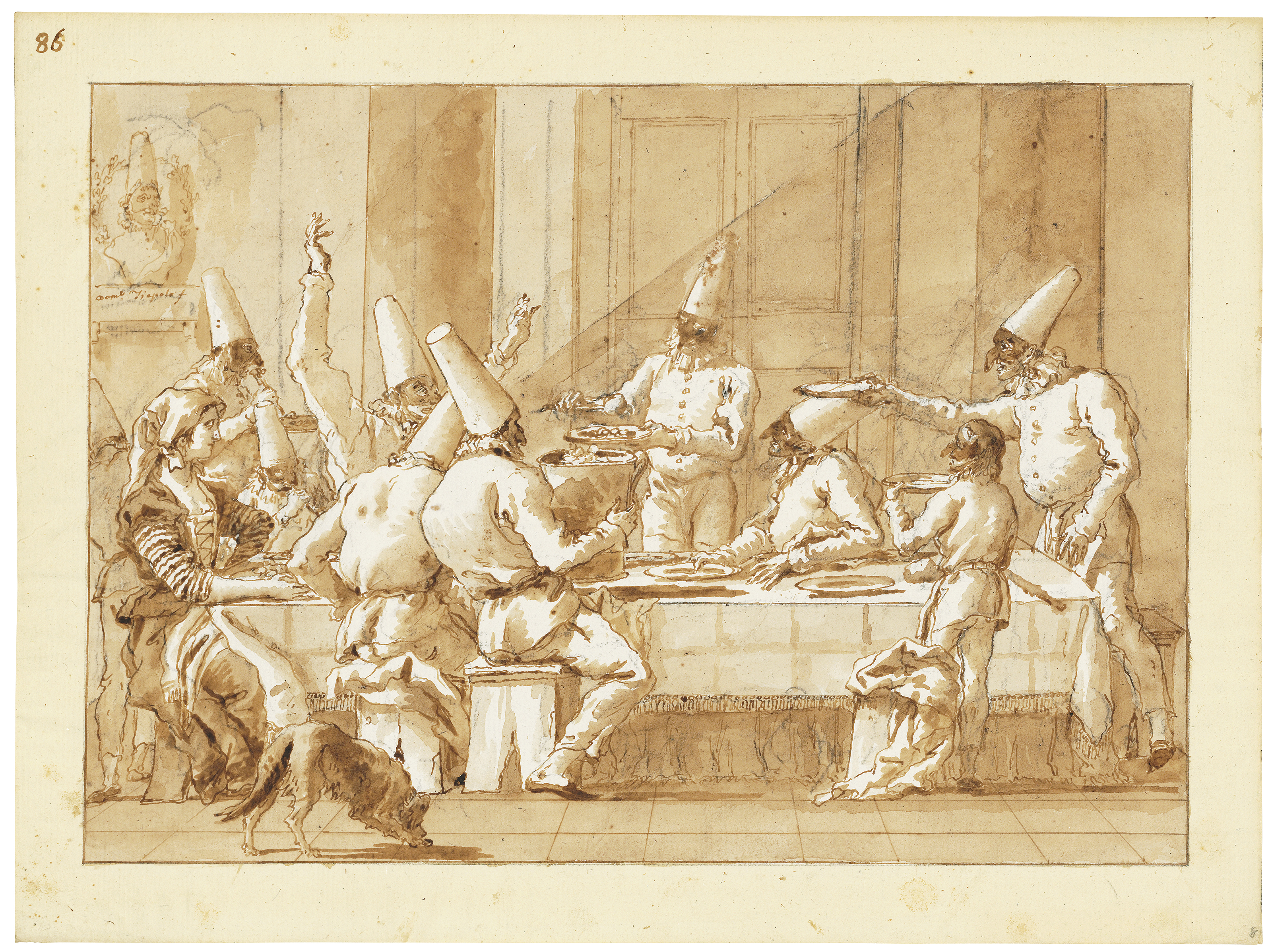 Giovanni Domenico Tiepolo (1727-1804),&nbsp;Punchinellos feasting.&nbsp;Black chalk, pen and brown ink, brown wash. 13⅝ x 18&frac14; in (34.6 x 46.5 cm). Sold for &pound;995,250 on 3 December 2019 at Christie&rsquo;s in London