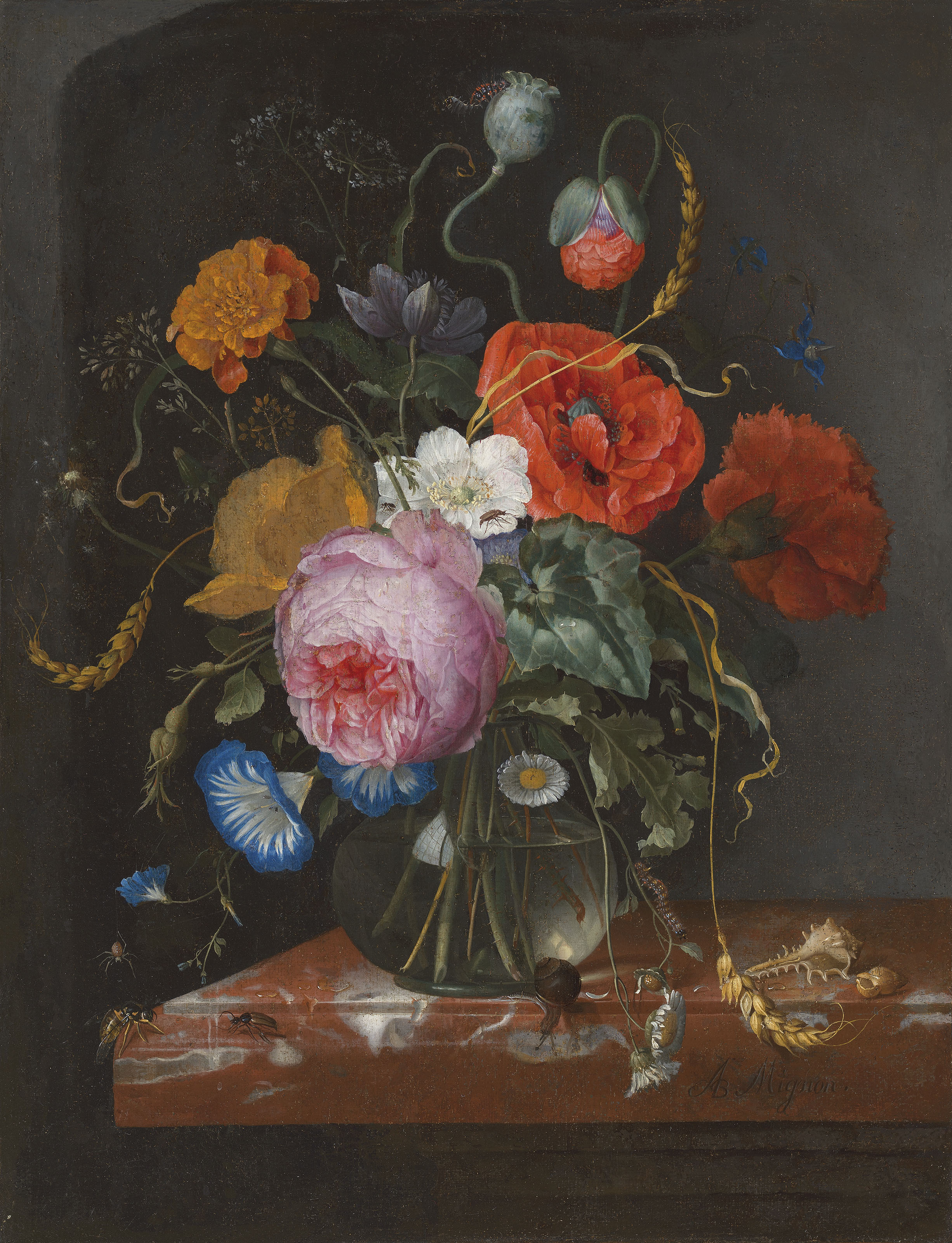 Jacob van Walscapelle (Dordrecht 16441727 Amsterdam) , Flowers in a glass vase on a ledge, with