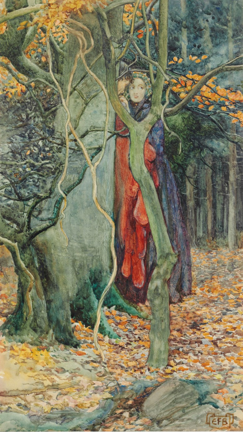 Eleanor Fortescue Brickdale, R.W.S. (1871-1945), The Secret. Pencil, watercolour and bodycolour on artist’s board. 19½ x 8½ in (36.8 x 21.6 cm). Estimate £2,000-3,000. Offered in British Art Victorian, Pre-Raphaelite & British Impressionist Art on 12 December 2019 at Christie’s in London
