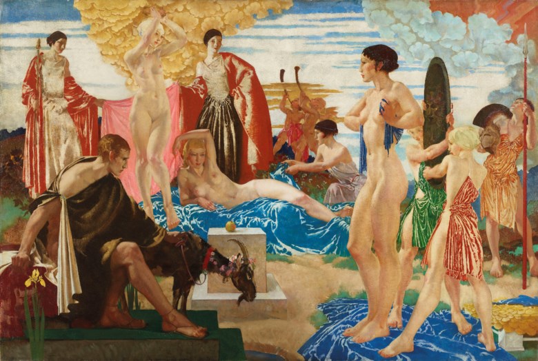 Sir William Russell Flint, R.A., P.R.W.S., R.S.W. (1880-1969), The Judgement of Paris, 1935. Oil on canvas. 47 x 69 ¼  in (119.5 x 176  cm). Sold for £407,250 on 12 December 2019 at Christie’s in London